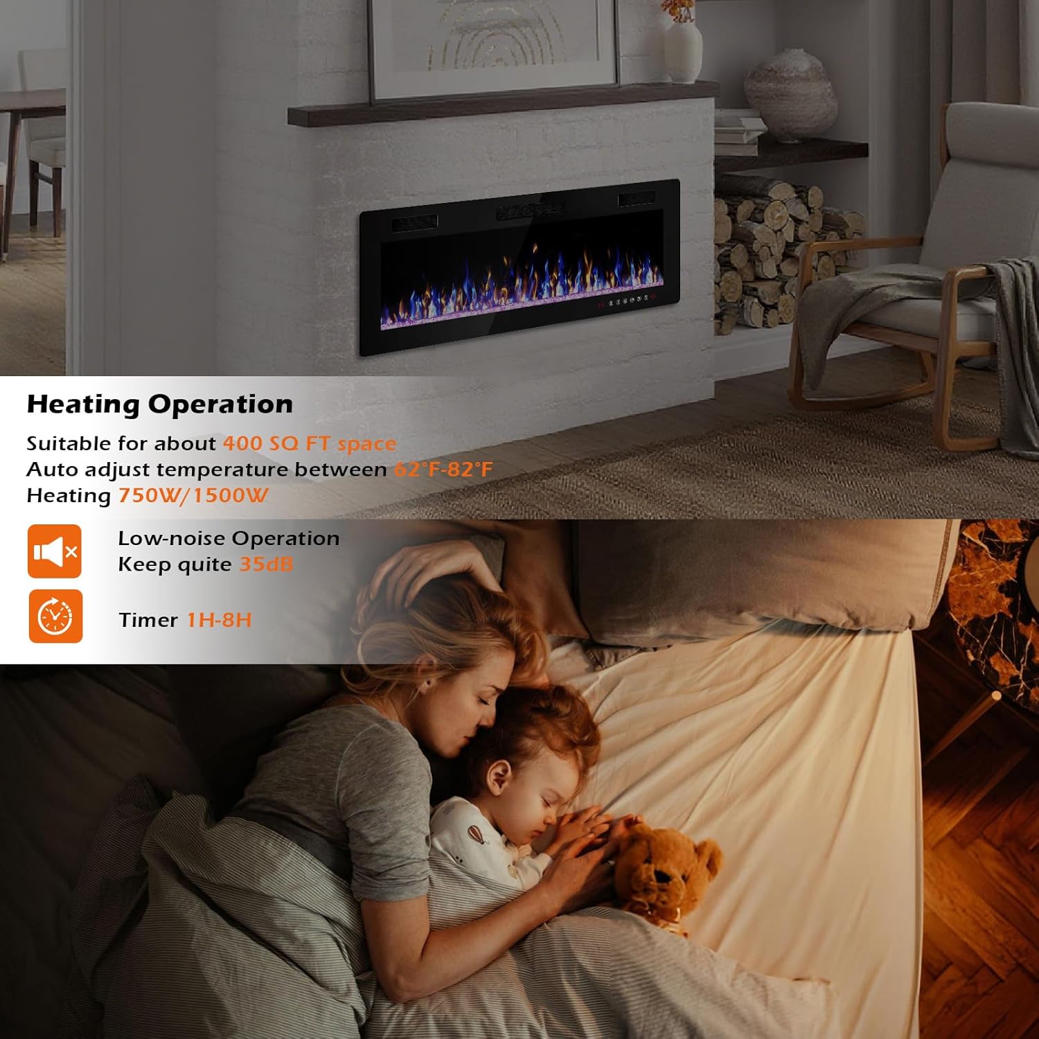 50 Inch Electric Fireplace, Ultra Thin Fire Places Electric Fireplace Inserts Recessed and Wall Mounted with Remote Control & Touch Screen, 750W/1500W Fireplace Electric Heater with Timer, Multi-Flame