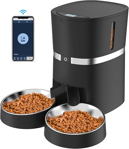 Wifi Distributore Automatico di Cibo per Due Gatti, Alimentatore Automatico per Animali e Cani con Controllo App, Timer e di Registrazione del Suono Fino a 6 pasti al Giorno -Black