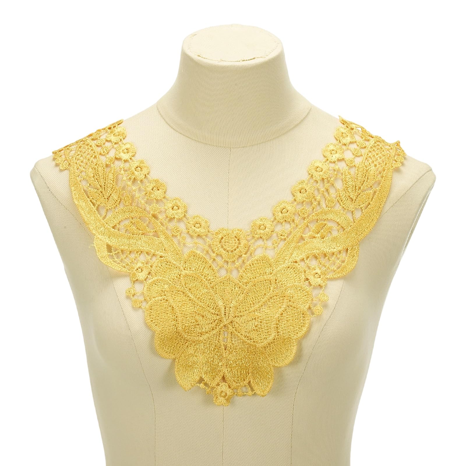 sourcing map 2 Pcs Lace Applique, 14" Lace Collar Floral Applique Sew on Embroidery Trim Neckline for Sewing Accessories DIY Craft Fabric Patches Wedding Dress Decoration, Yellow