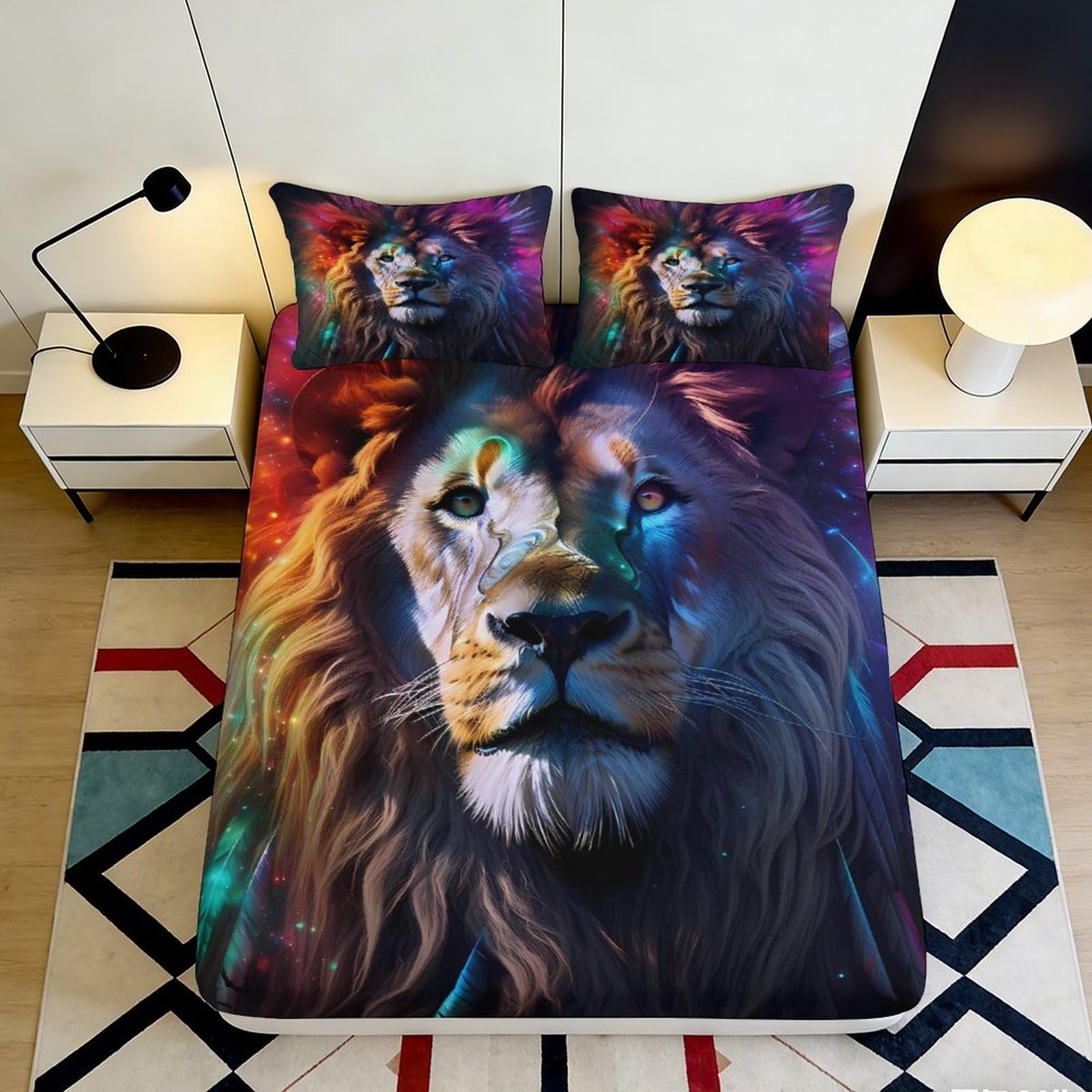 3D Printed Colorful Lion Fitted Sheet Microfiber Durable Vibrant Lion Head Bed Cover for Bedroom Dormitory Guest Room Mattress Protection 140x200x25cm