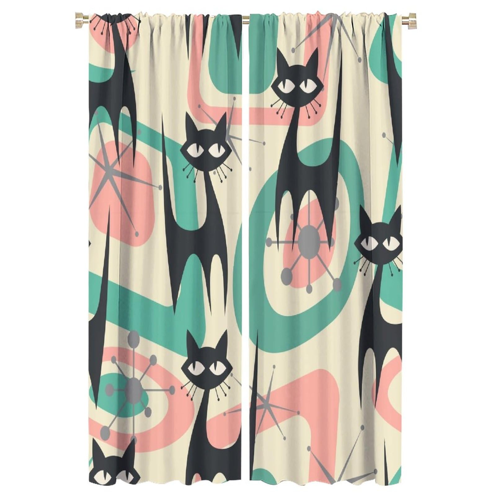 HZOHNAGO Mid Century Black Cat Curtains Colorful Atomic Starbursts Abstract Vintage Geometric 1950s 60s Style Blackout Print Rod Pocket Window Drapes for Bedroom Living Room 42x63in