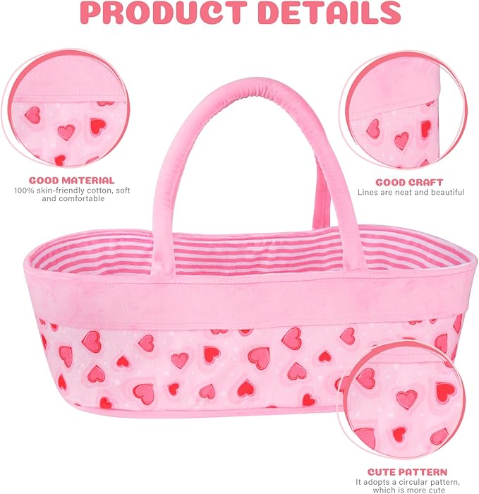 BABESIDE Reborn Baby Doll Bassinet for 17-22 inch Dolls Foldable Baby Doll Crib Bed Soft Doll Carrier Doll Accessories with Handle for Newborn Baby Dolls Girls (Pink-Love)