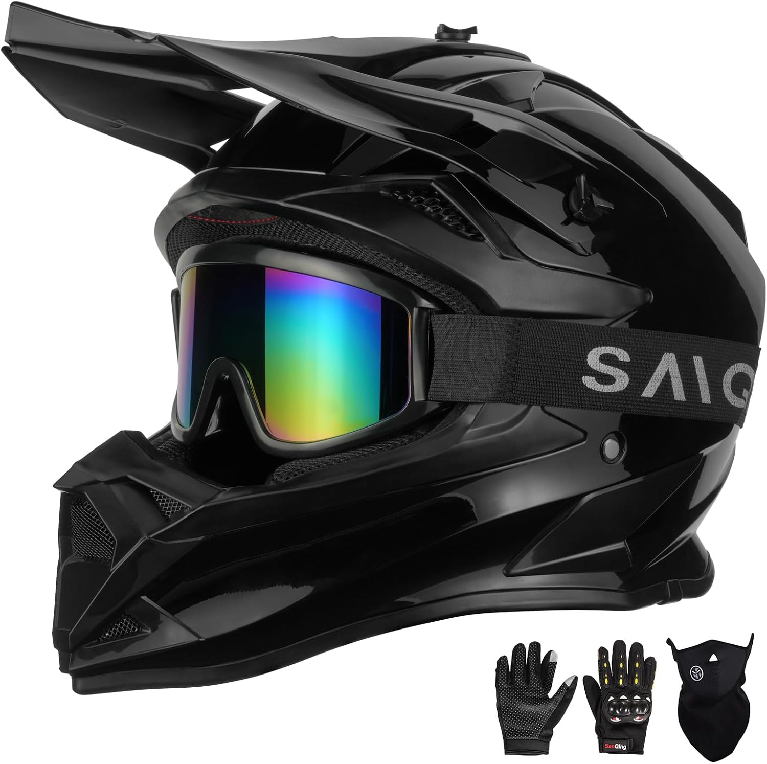 Adult Motocross Helmet ATV Dirt Bike Off-Road Full Face Motorcycle Helmet W/Goggles Gloves & Mask, DOT Approved Large Bright Black