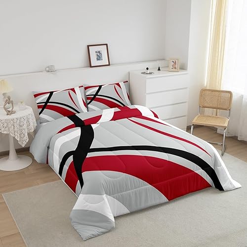 Miniatura 2 de Juego de ropa de cama con círculos geométricos, moderno, retro, con ojales, para niños, niñas, adolescentes, decoración de rayas grises, rojas,