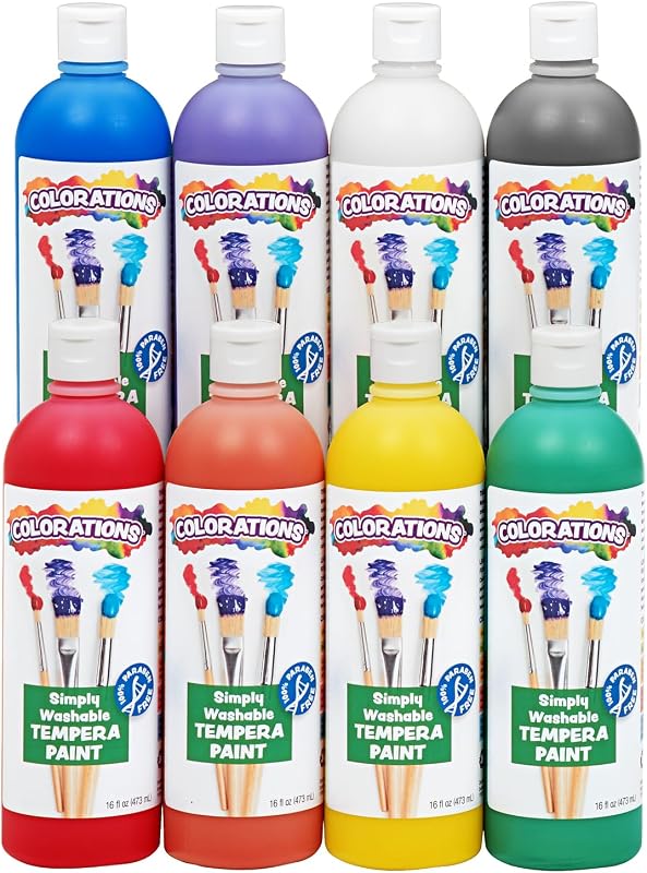 Pintura Tempera simplemente lavable sin parabenos, Rainbow Plus, paquete de 8 | Acabado mate, colores vibrantes, no tóxico, útiles para el aula, juego de útiles para arte escolar y artesanal, 16 oz cada uno