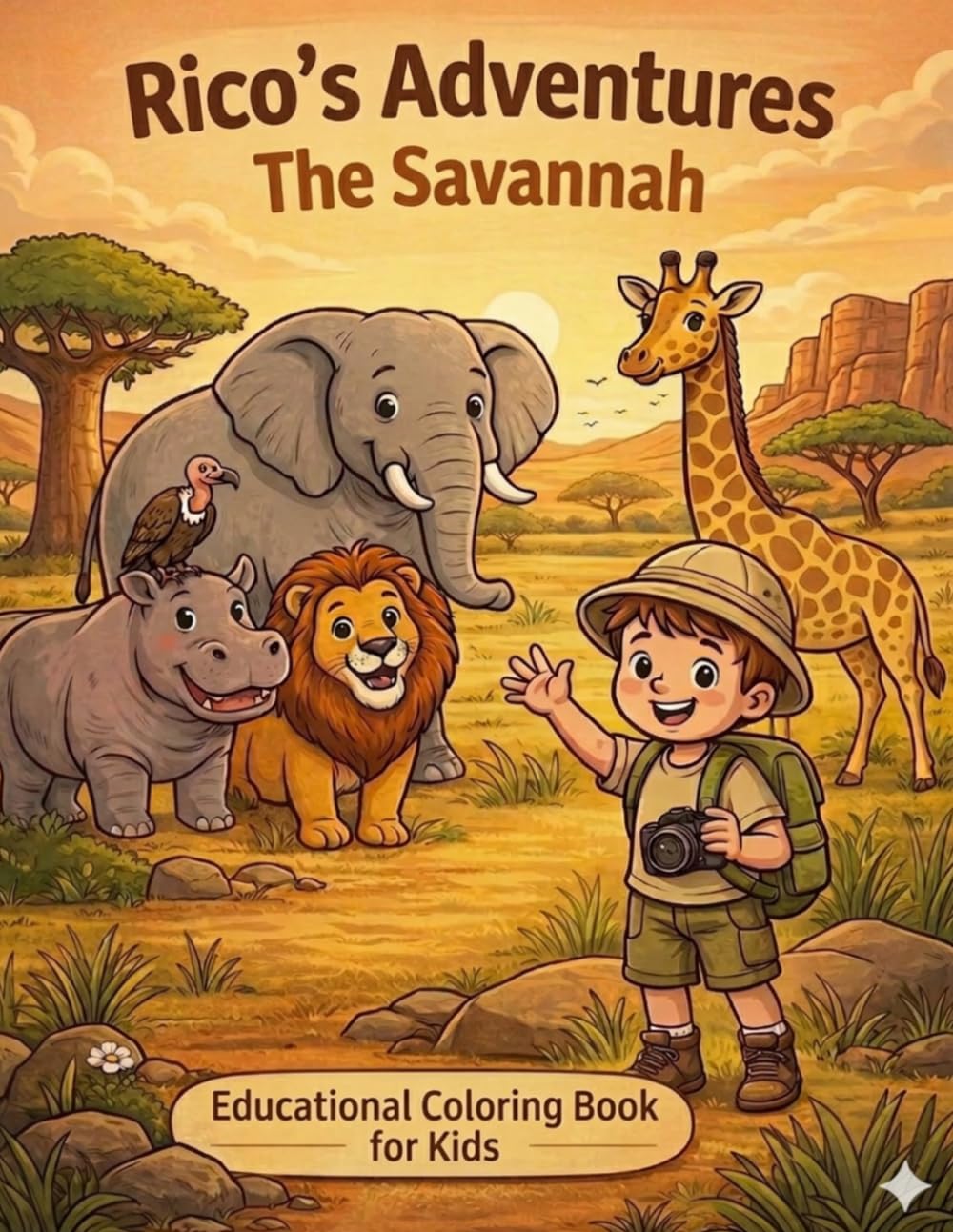 Coloring book for Kids. Rico's Adventure: The Savannah: Coloring animals with interesting facts