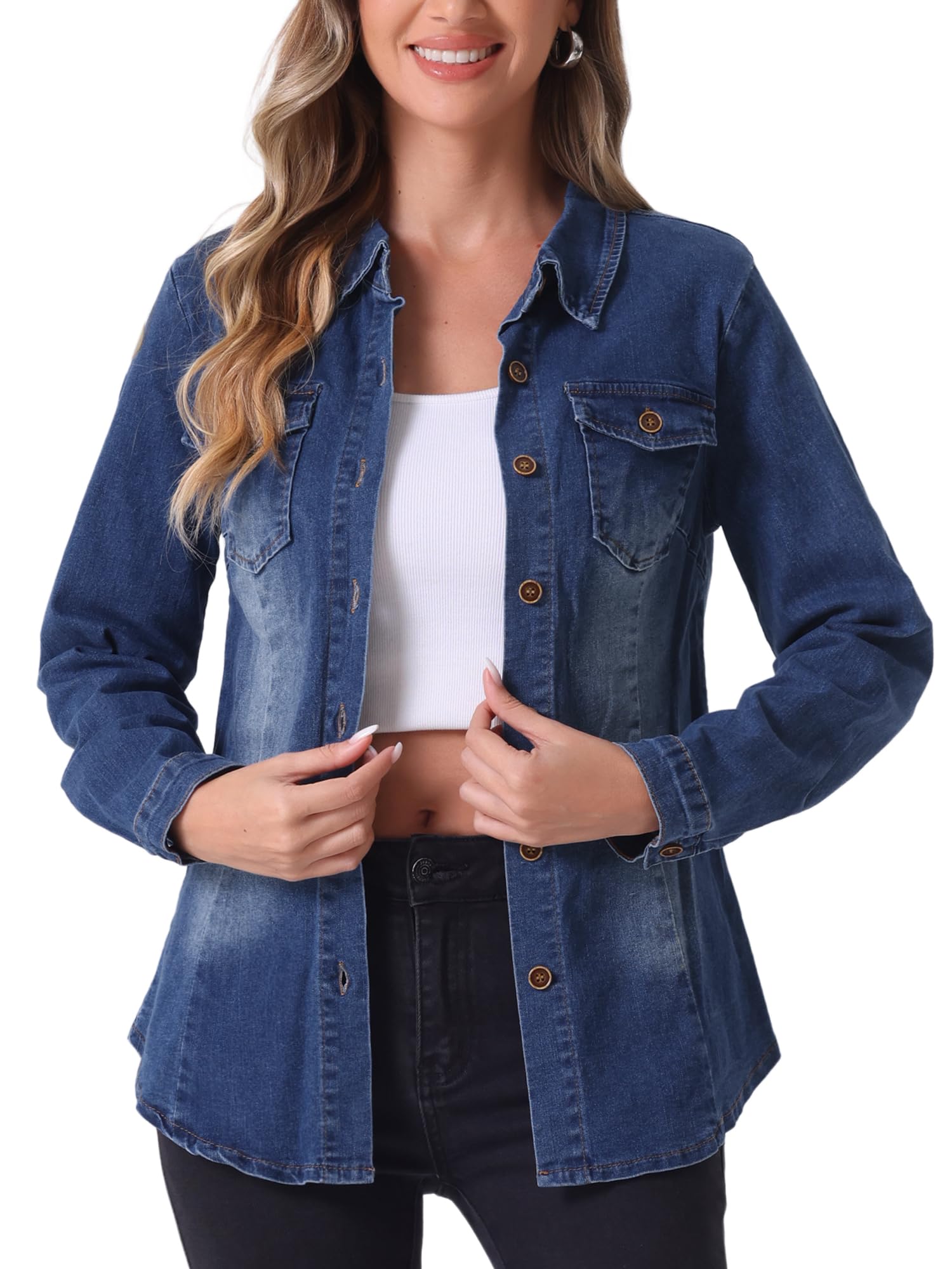 Veste Jean Femme Allegra K - Coupe Cintrée, Manches Longues, Poches - Décontractée & Polyvalente