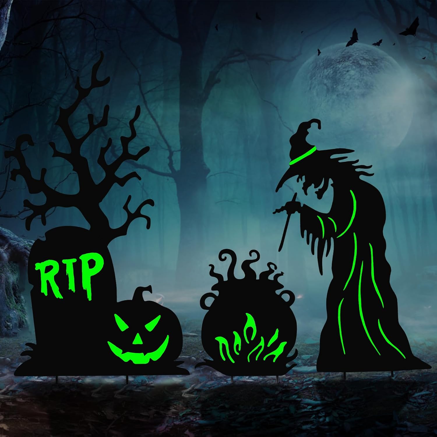 Halloween Yard Signs Outdoor Decorations,3 Pack Scary Large Witch Tombstone Cauldron Fluorescent Metal Stakes Glow in The Dark for Lawn Garden Halloween Decor (Large Witch Tombstone Cauldron)