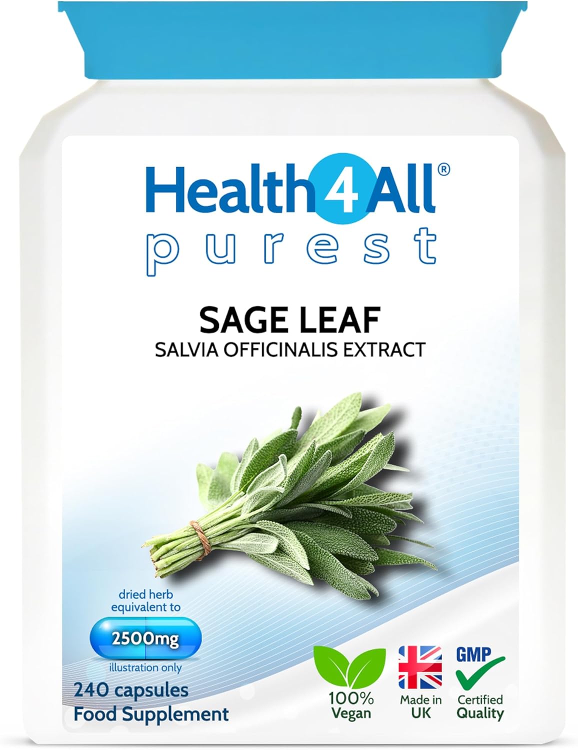 Health4All Sage Leaf 2500mg 240 Capsules 8 Months Supply, Purest Sage Water Extract for Menopause Support, High Strength Menopause Supplement One-a-Day Capsules (not Tablets) | Made in UK