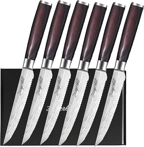 Miniatura 8 de Dingerkit Juego de 4 cuchillos para carne, cuchillos de carne dentados, cuchillos de carne de acero inoxidable con mango de madera de Pakkawood,