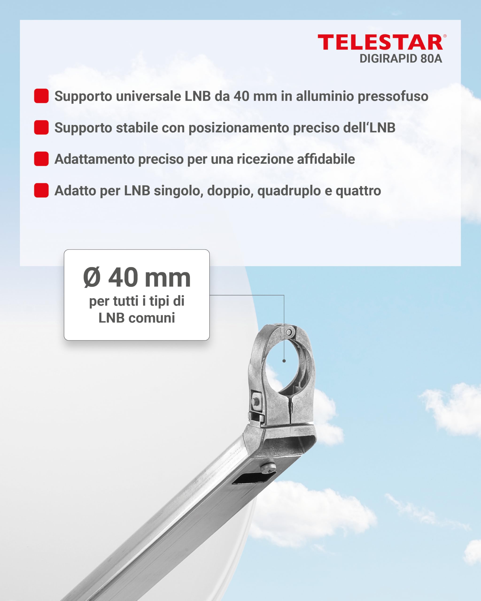 TELESTAR DIGIRAPID 80 A V2 – Parabola satellitare (80 cm, alluminio, braccio di supporto stabile e di alta qualità) – Grigio chiaro