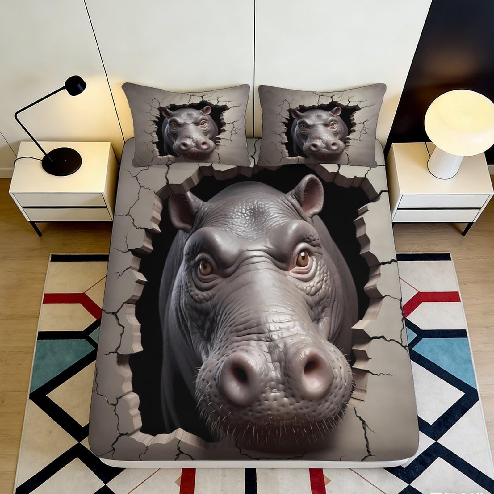 3D Printed Hippo Cracked Wall Fitted Sheet Microfiber Anti-Slip Bed Cover for Bedroom Dorm Mattress Decor 115 200x200x25cm