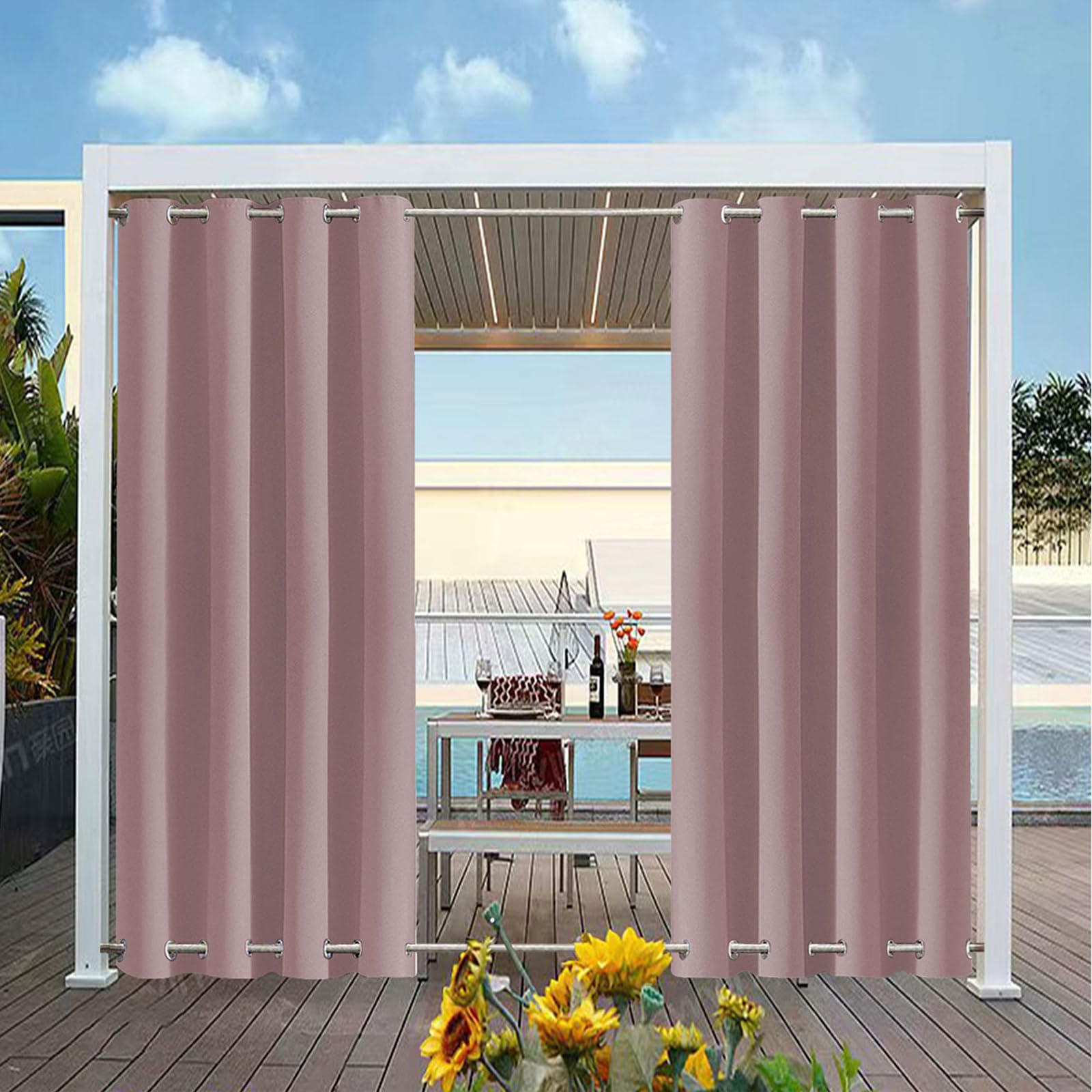 Rideaux d'extérieur imperméables et robustes avec œillets, 275 cm x 213 cm, anti-UV et résistant aux intempéries, pour terrasse et jardin - Rose