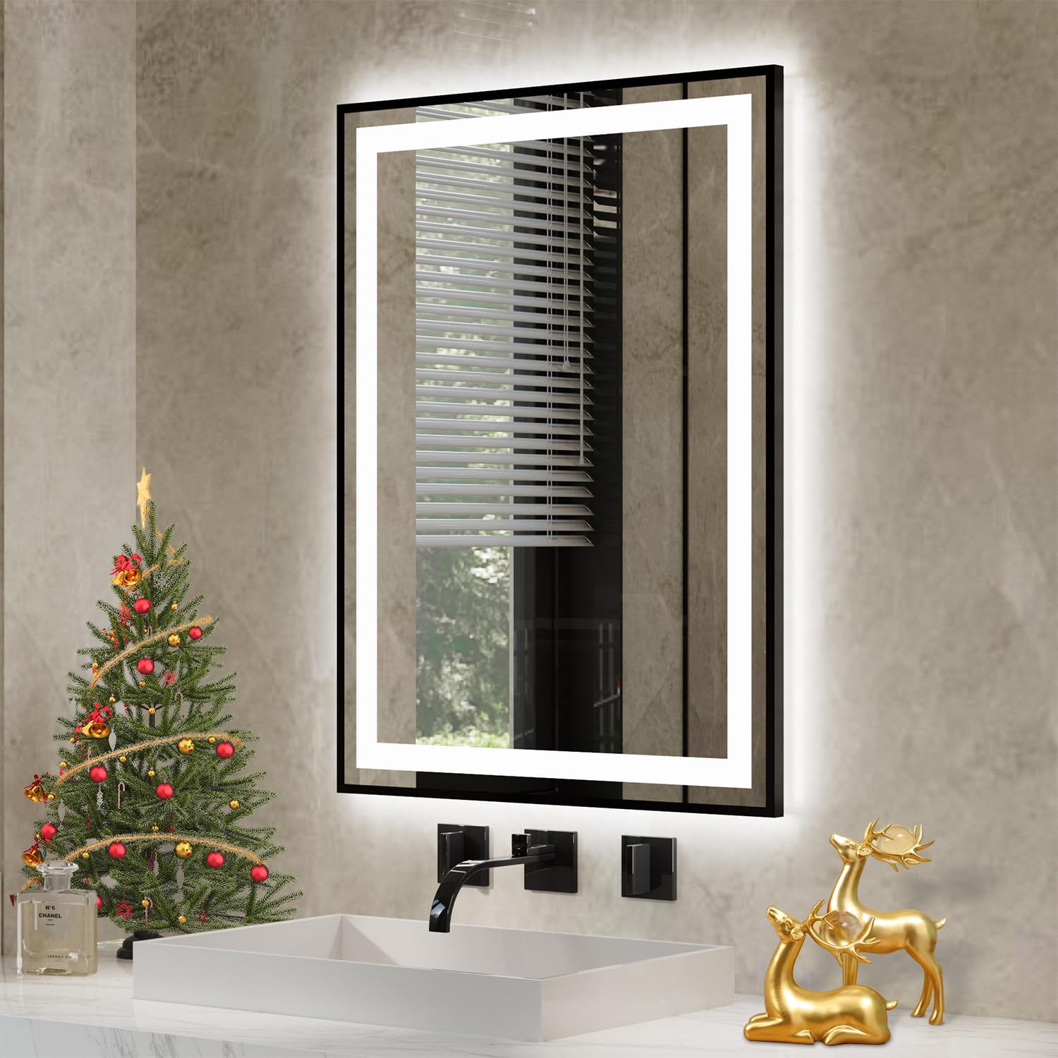 LED Bathroom Mirror, 24x32 Inch Black Framed Gradient Front and Backlit LED Mirror for Bathroom, 3 Colors Dimmable CRI>90, IP54 Enhanced Anti-Fog Wall Mounted Lighted Vanity Mirror