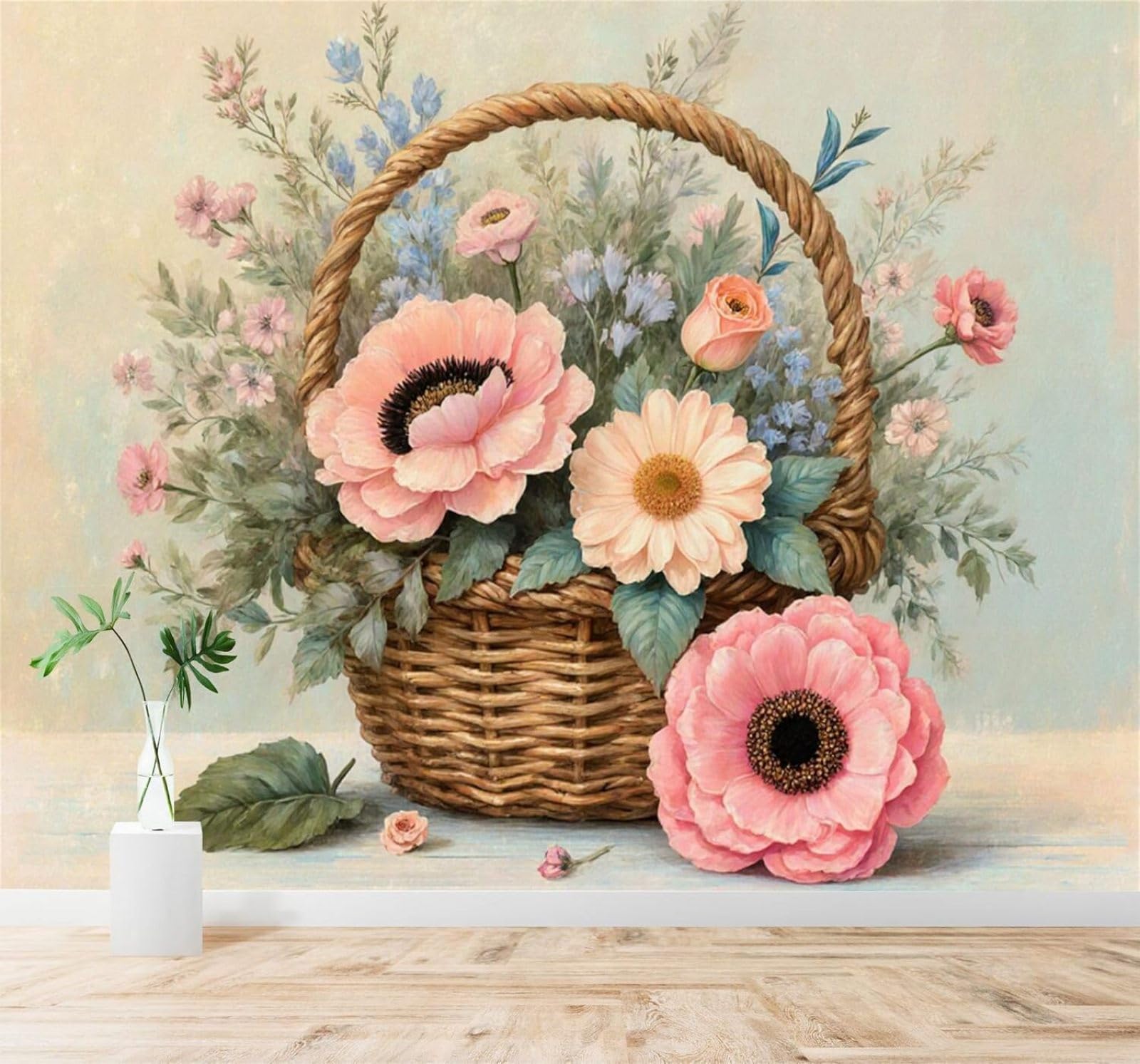 Tzxztt Vintage Basket Pink Beige Flowers Soft Tones Modern 3D Wallpaper Premium Textured Silk Neutral Tones Material Ideal for Living Room Bedroom-350cm×256cm