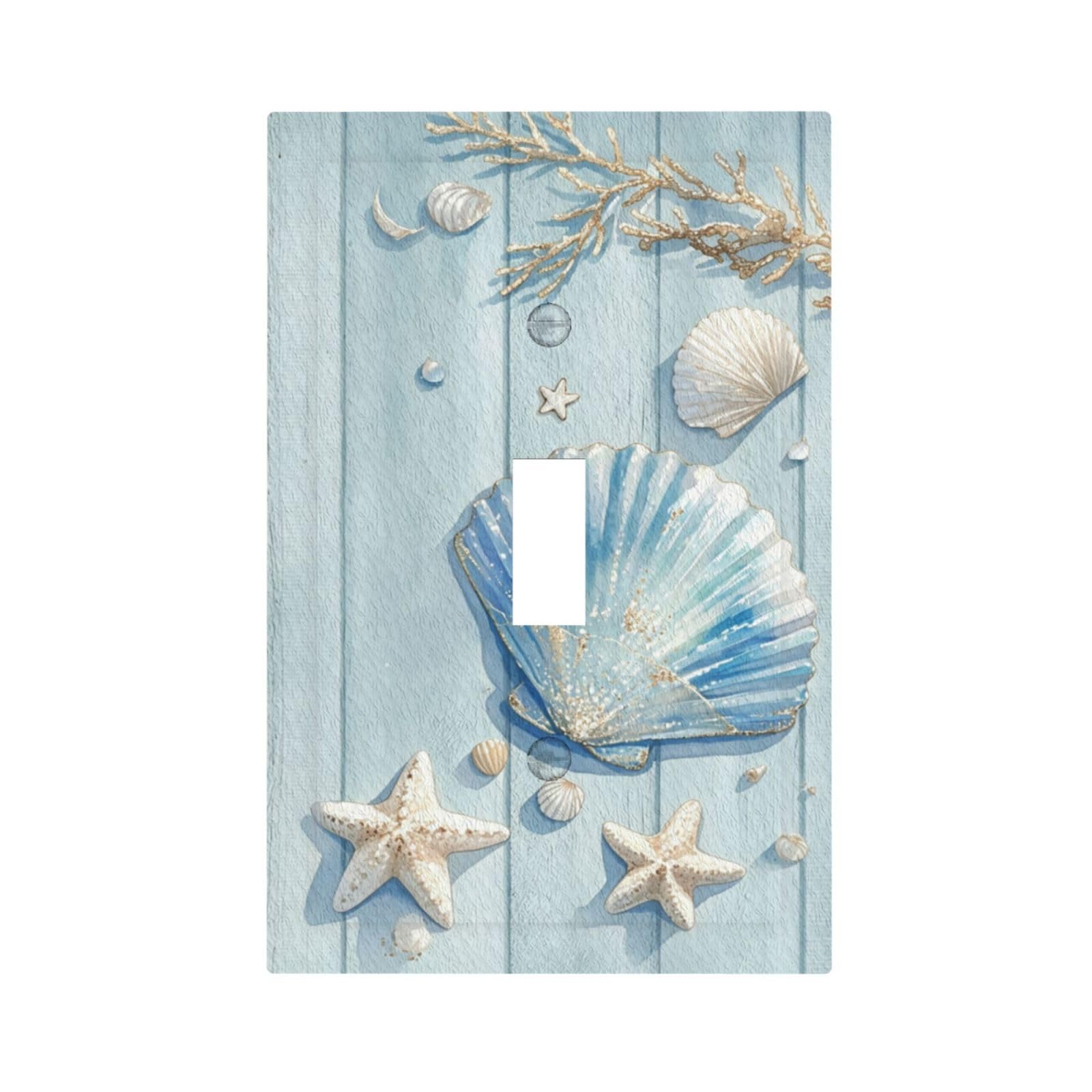 Dwbguo Decorative Light Switch Plate Covers Coastal Seashell Starfish 1 Gang Wall Plate Unique Single Toggle Nautical Watercolor Blue Wood Beach Light Switch Covers Artistic Faceplate Home Decor