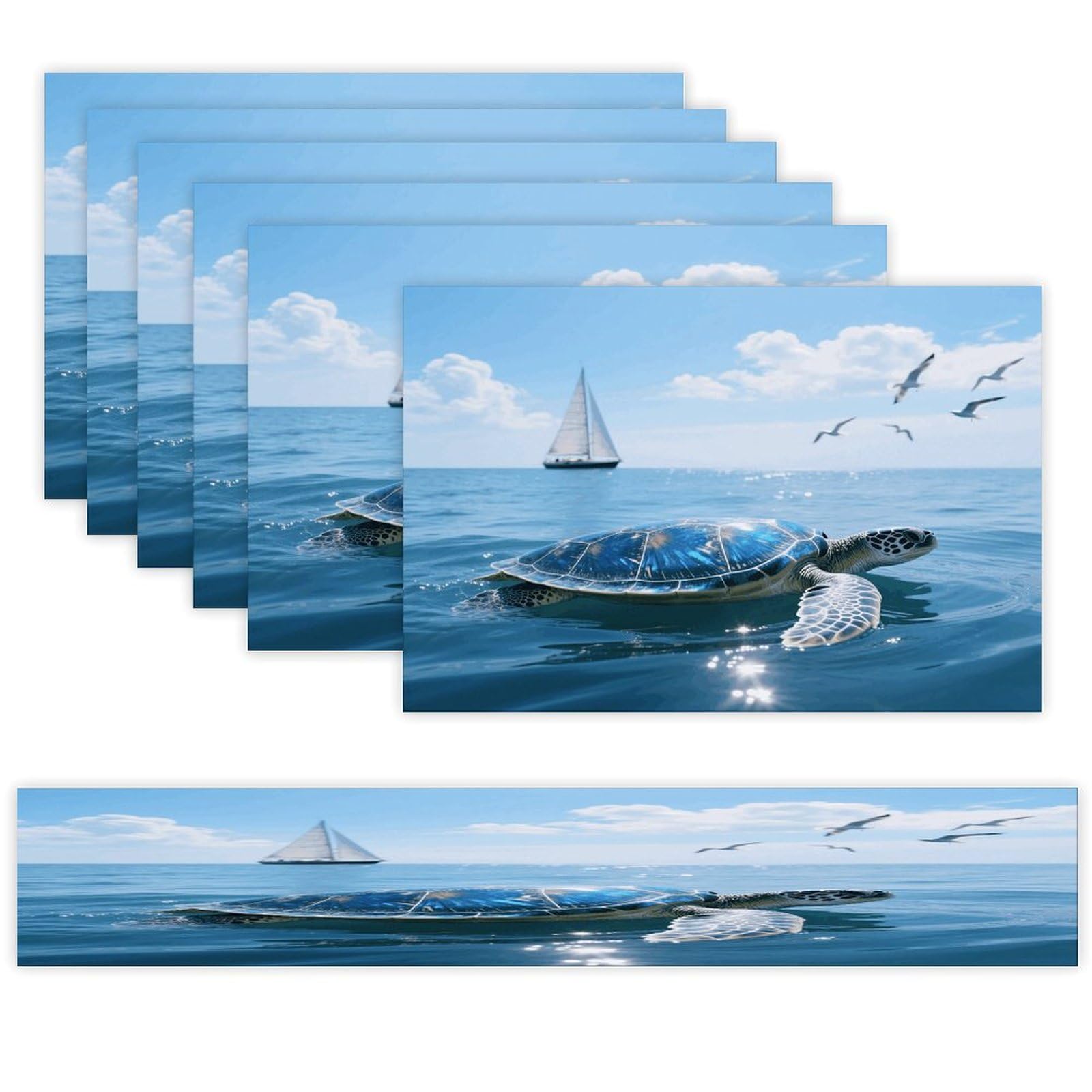 Sea Turtle Table Runner and Placemats Set of 7 Linen Table Mat Non-Slip Place Mats Washable Placemat Heat Resistant Place Mat with Table Runner for Party Dining Decor
