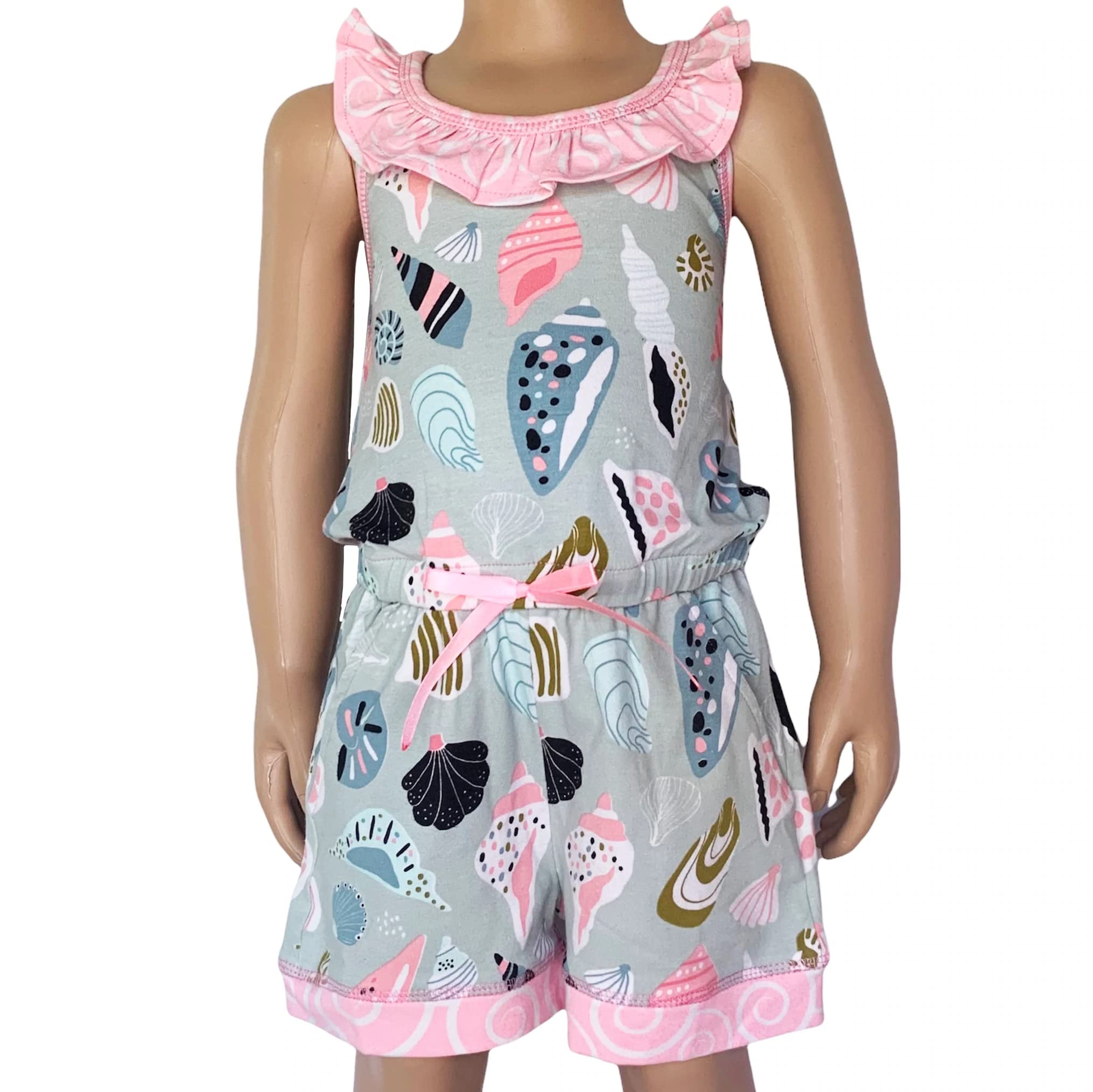 AnnLoren Girls Boutique Shells by the Seashore Jumpsuit Frühjahr/Sommer, Rosa, Grau, Weiß, 9-10