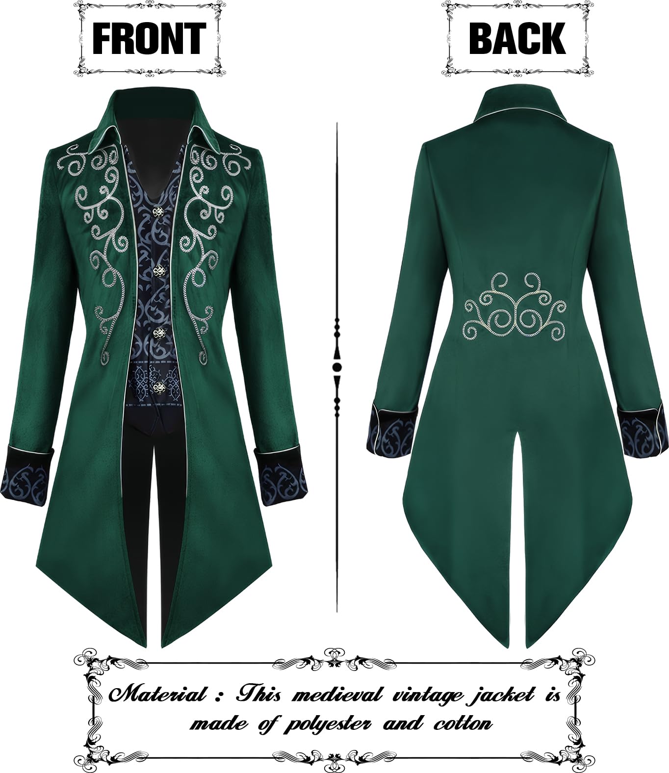 TTOKGZG Steampunk Vintage Tailcoat Coat Men, Medieval Gothic Velvet Embroidery Tailcoat Jacket - Image 2
