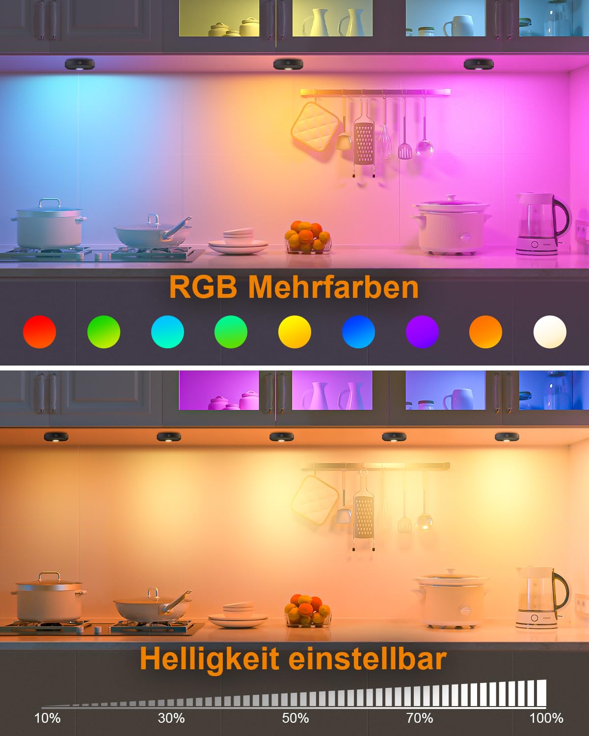 WILLED USB Aufladbar LED Spots Akku mit Fernbedienung,RGB Vitrinenbeleuchtung LED Kabellos,Unterbauleuchte,Schrankbeleuchtung,Magnetisch Licht,Indirekte Beleuchtung mit Timer Funktion (3er Pack)