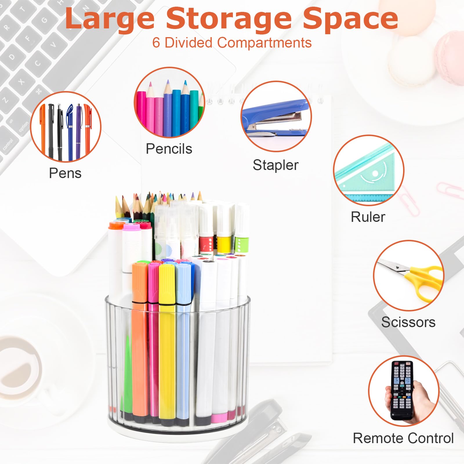 Elezeal 360 Degree Rotating Pen Pencil Holder Desk Organiser Stationery Storage 6 Slots Pencil Pots Makeup Brush Holder for Home Office Supplies Detachable Desktop Storage (Non-detachable white) - Image 2