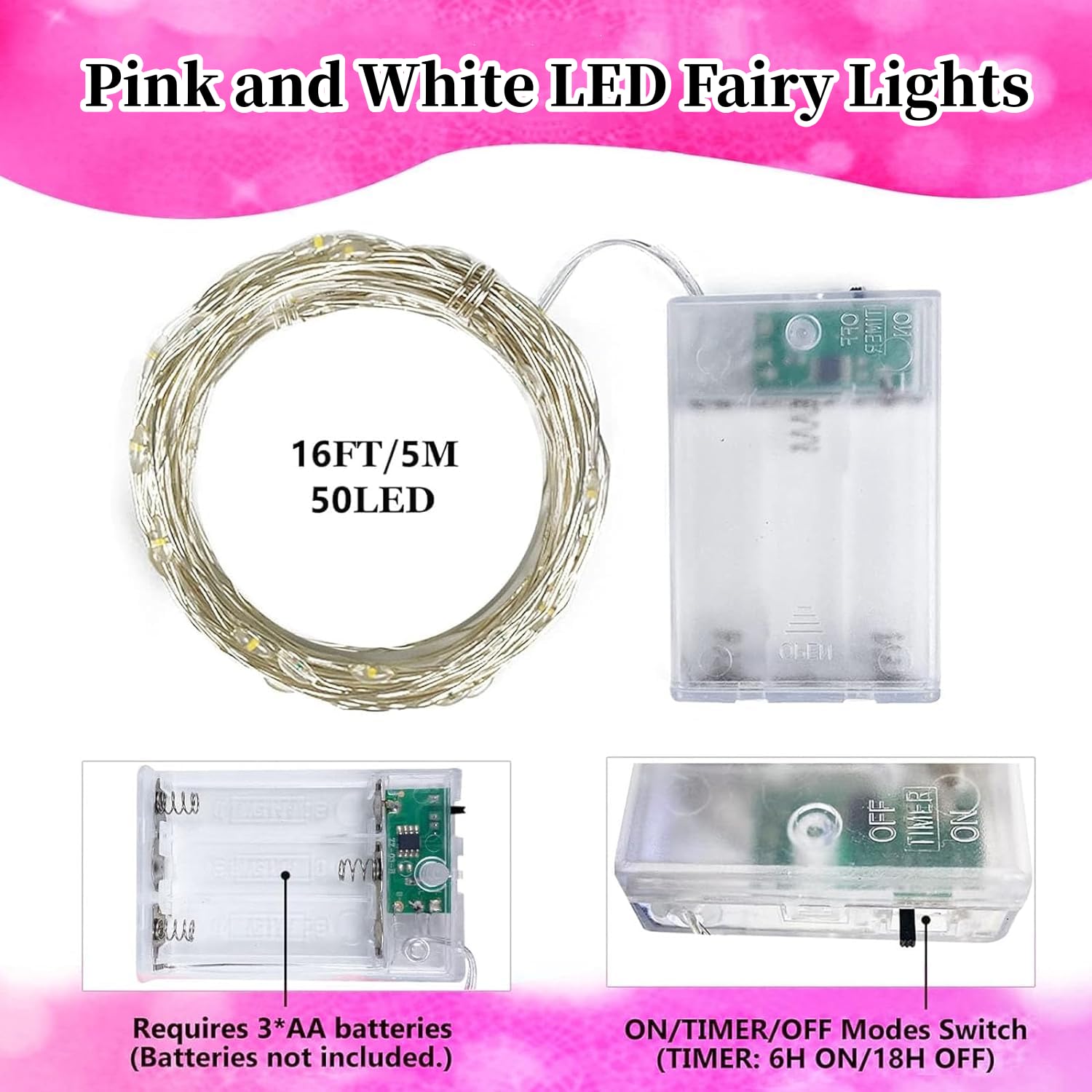 Paquete de 4 50 luces LED de hadas que funcionan con pilas con temporizador, luces de Navidad estrelladas impermeables de 16 pies para exteriores e interiores, regalo para el hogar, boda, decoración