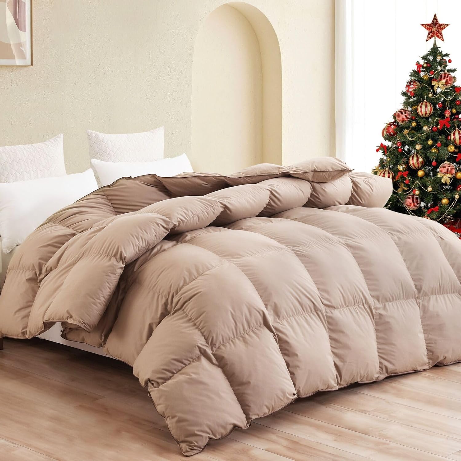 SNOWMAN Premium Down Comforter Queen Size, Luxurious All Season Duvet Insert with Cotton Blended Fabric, 3D Baffle Box Design Hotel Bedding Comforter (Khaki,90"x90") - Thumbnail 2