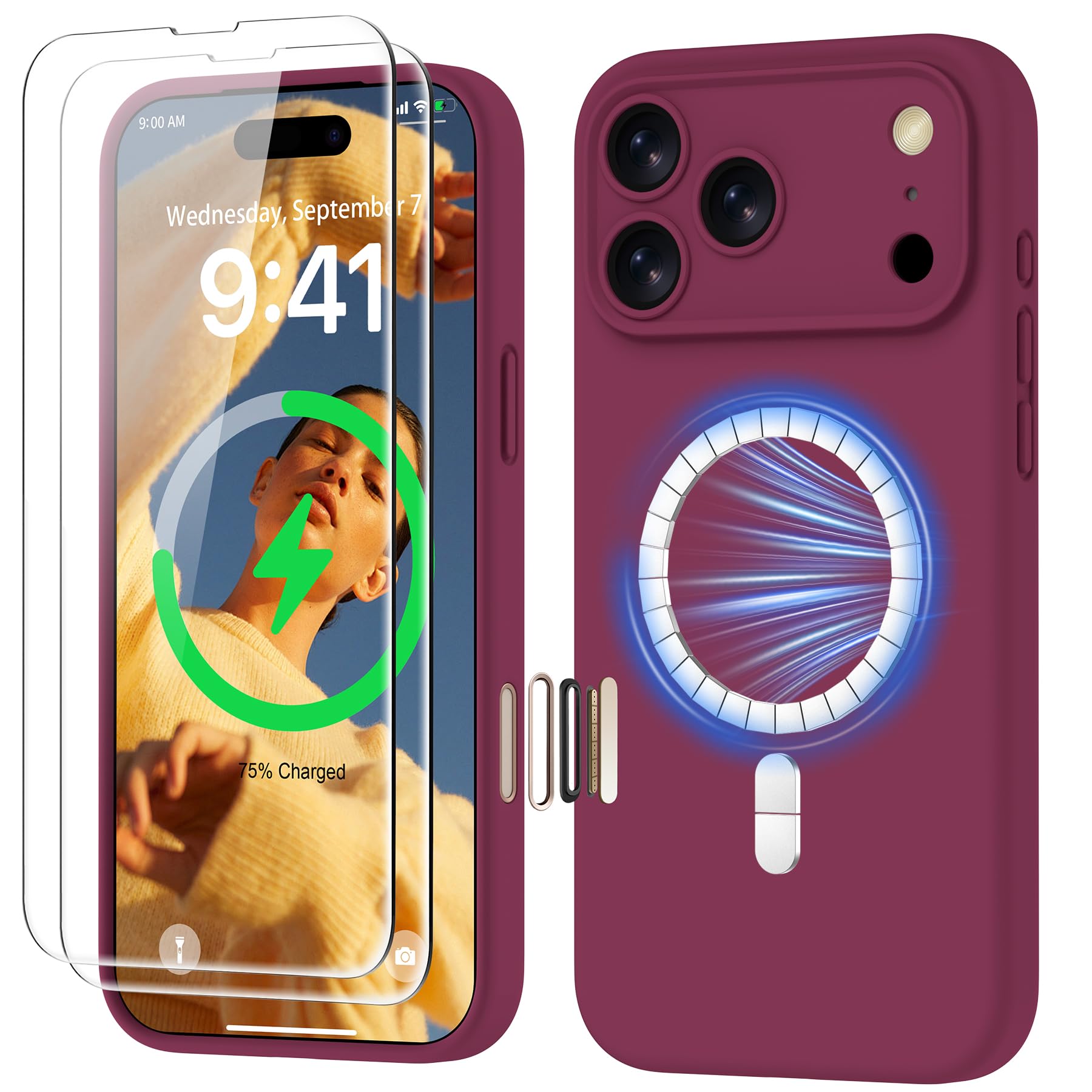 GOODVISH Magnetica Silicone Cover per iPhone 17 Pro Max 6.9", Custodia con 2x Vetro Temperato [Pulsante Controllo Fotocamera] 360° Protezione Anticaduta Case per Antiurto Resistente, Vino Rosso