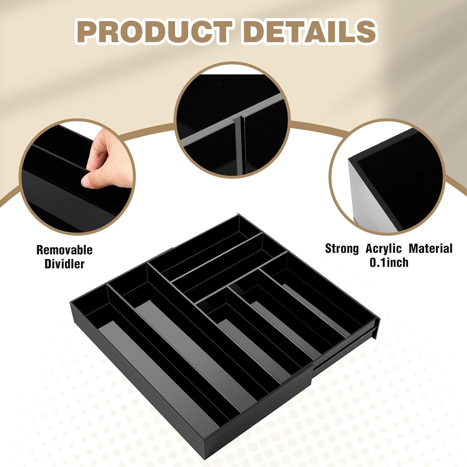 Briwooody 1 Pcs Acrylic Desk Drawer Organizer 9'' up to 18'' x 15'' x 2.1'' Expandable Drawer Organizer Trays with 7 Adjustable Compartments Black Desk Accessories for Makeup Office Bathroom