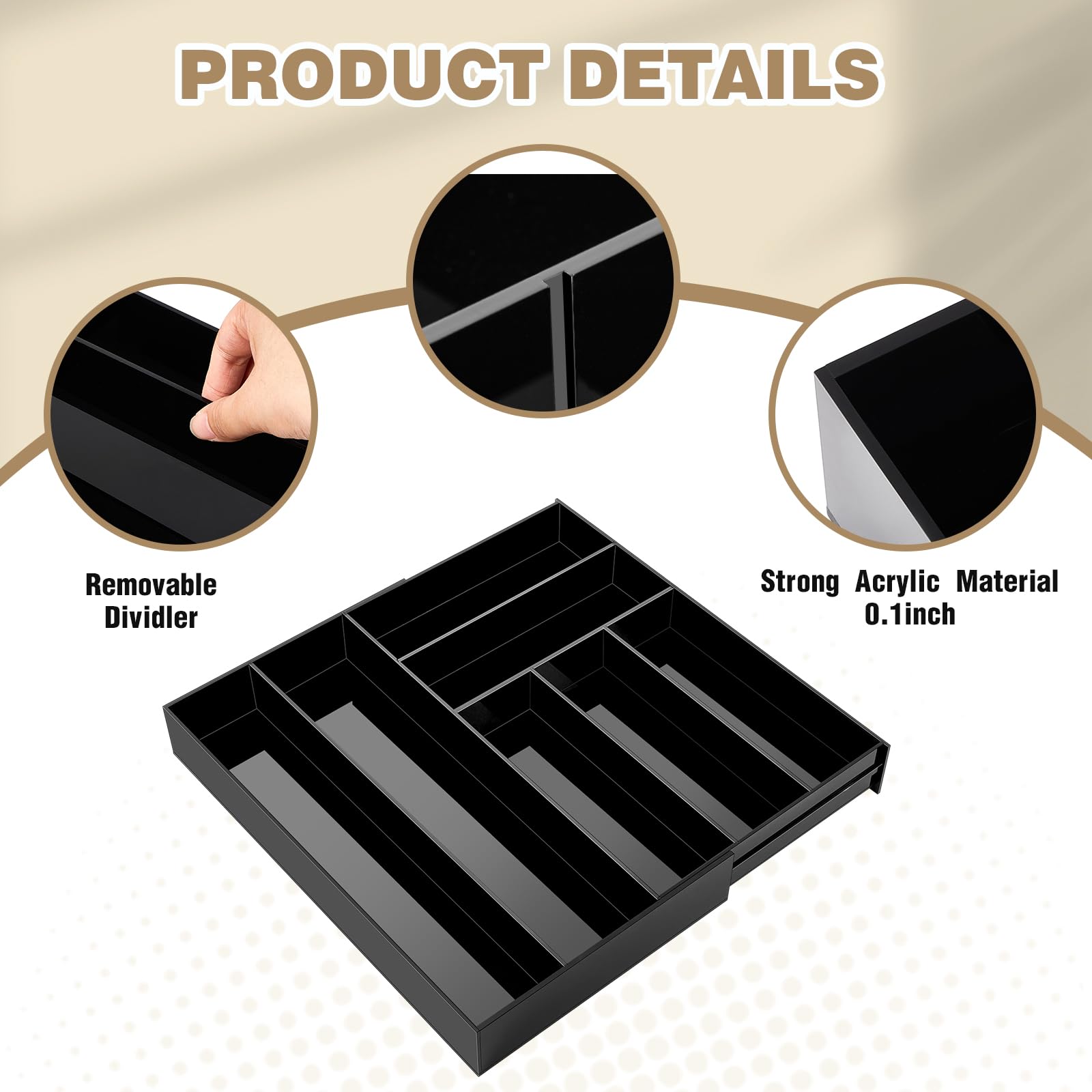 Briwooody Organizer per cassetti in acrilico, massimo 38 x 45 cm, espandibile, per penne, quaderni, righelli, vassoio per trucchi con 7 scomparti regolabili, per scrivania, ufficio, cucina, bagno