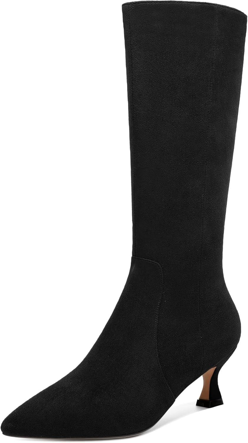 SKYSTERRY Womens Zip Suede Office Casual Pointed Toe Spool Low Heel Knee High Boots 2 Inch