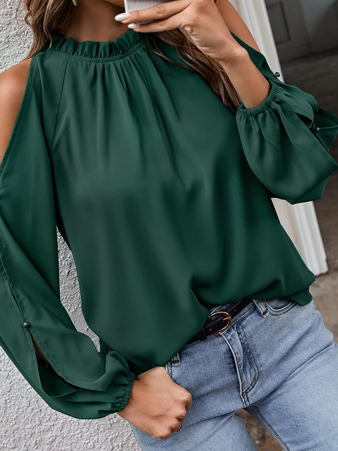 CCTOO Womens Tops Dressy Casual Cold Shoulder Ruffle Collar Blouses Fall Fashion Shirts for Work - Image 3