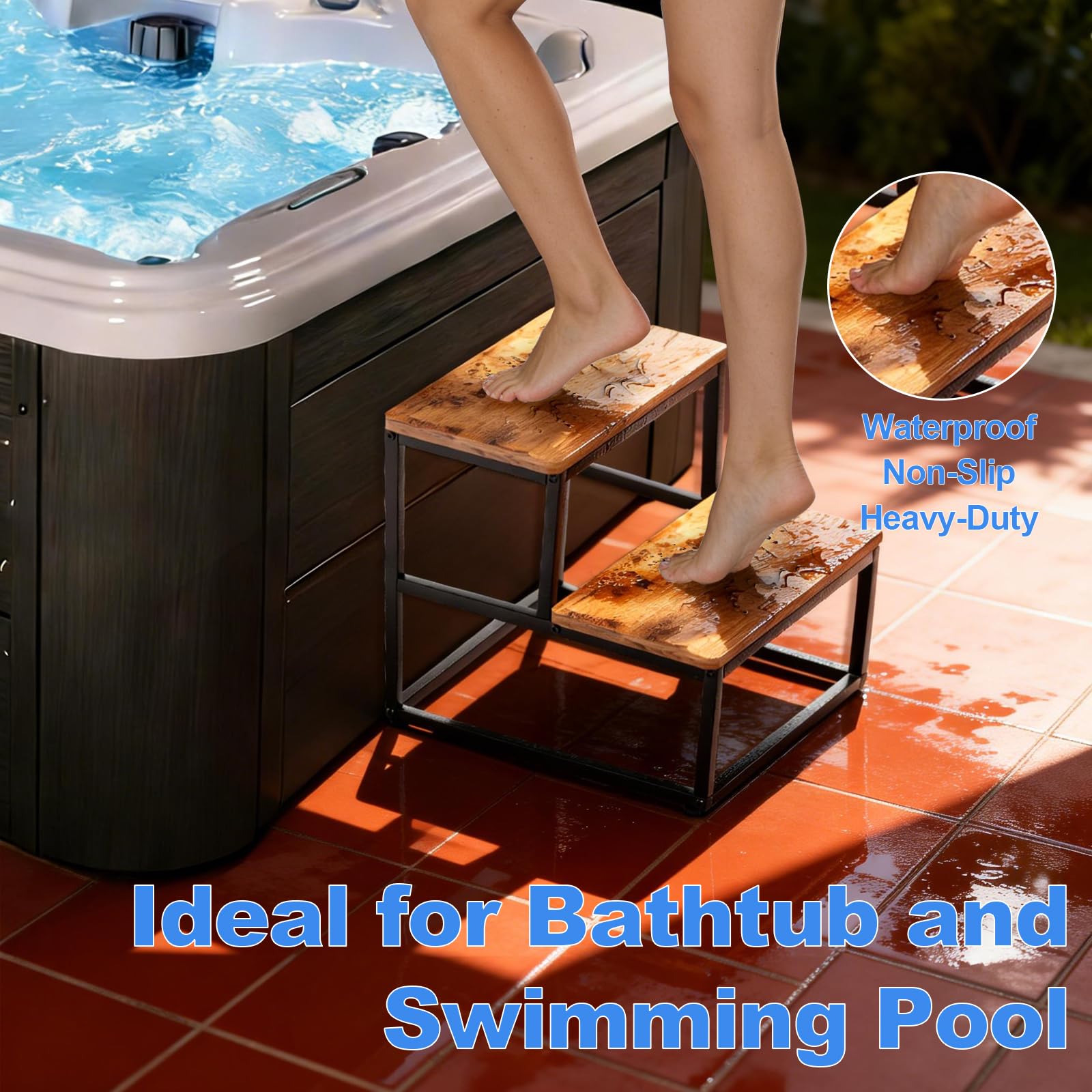Whirlpool Treppe, rutschfeste Spa-Stufen 226KG/500lbs Kapazität Pooltreppe Universal Heavy Duty 2-Tier Spa & Hot Tub Step für Verschiedene Arten von Whirlpools, Massivholzfarbe