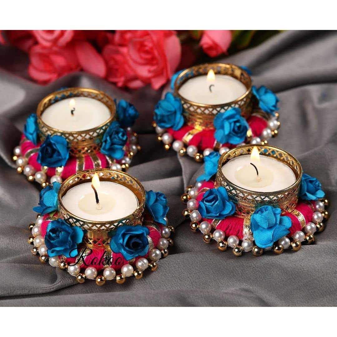 ROKOO Fabric Diwali Decor Scented Fragrance Decorative Tealight Candle Holder (Pink Flowers Pack of 4) ,Glass