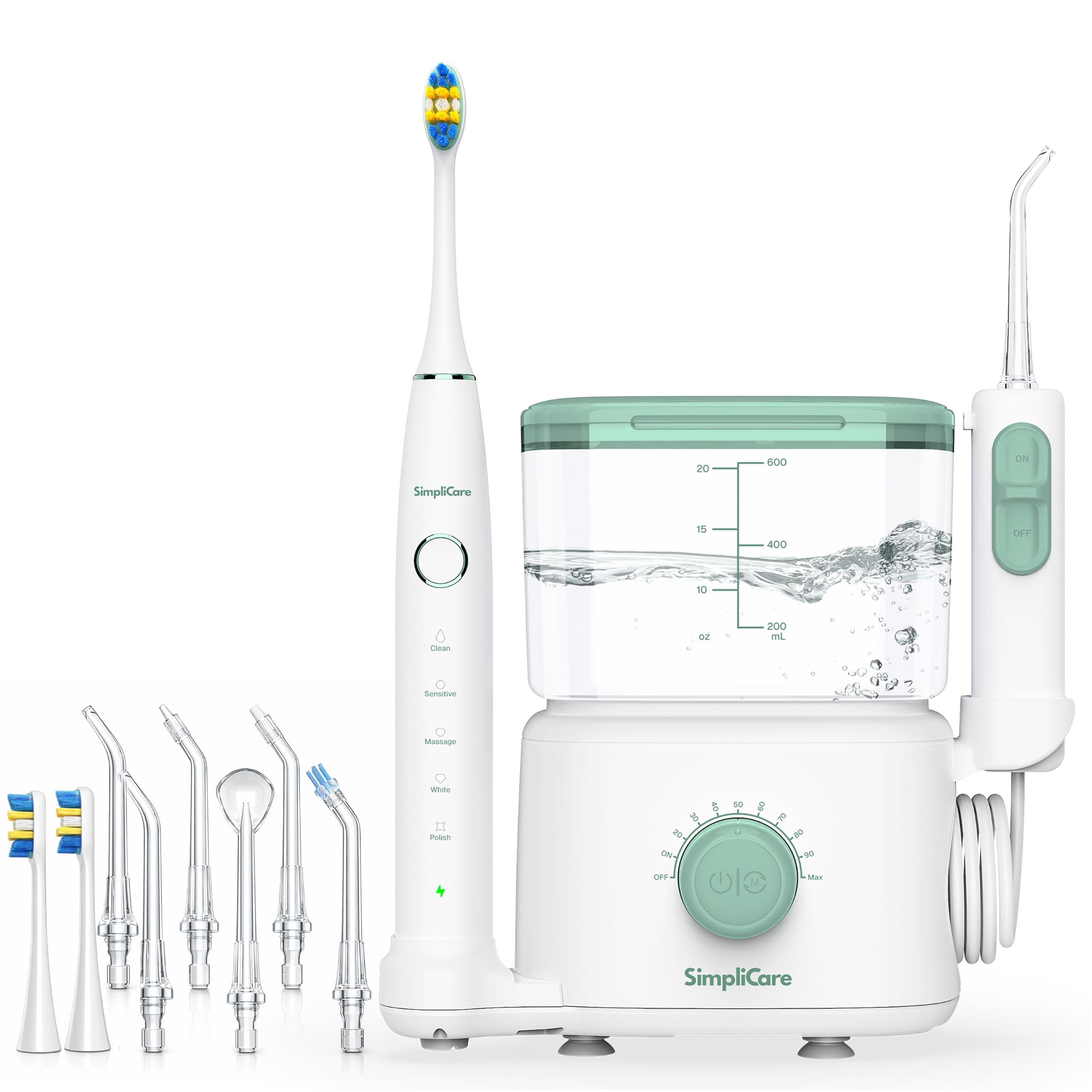 Idropulsore orale e spazzolino elettrico Combo - Detergente dentale da 590 ml, 10 livelli di pressione regolabili per denti/bretelle, 6 punte a getto, 2 testine, silenzioso, senza BPA