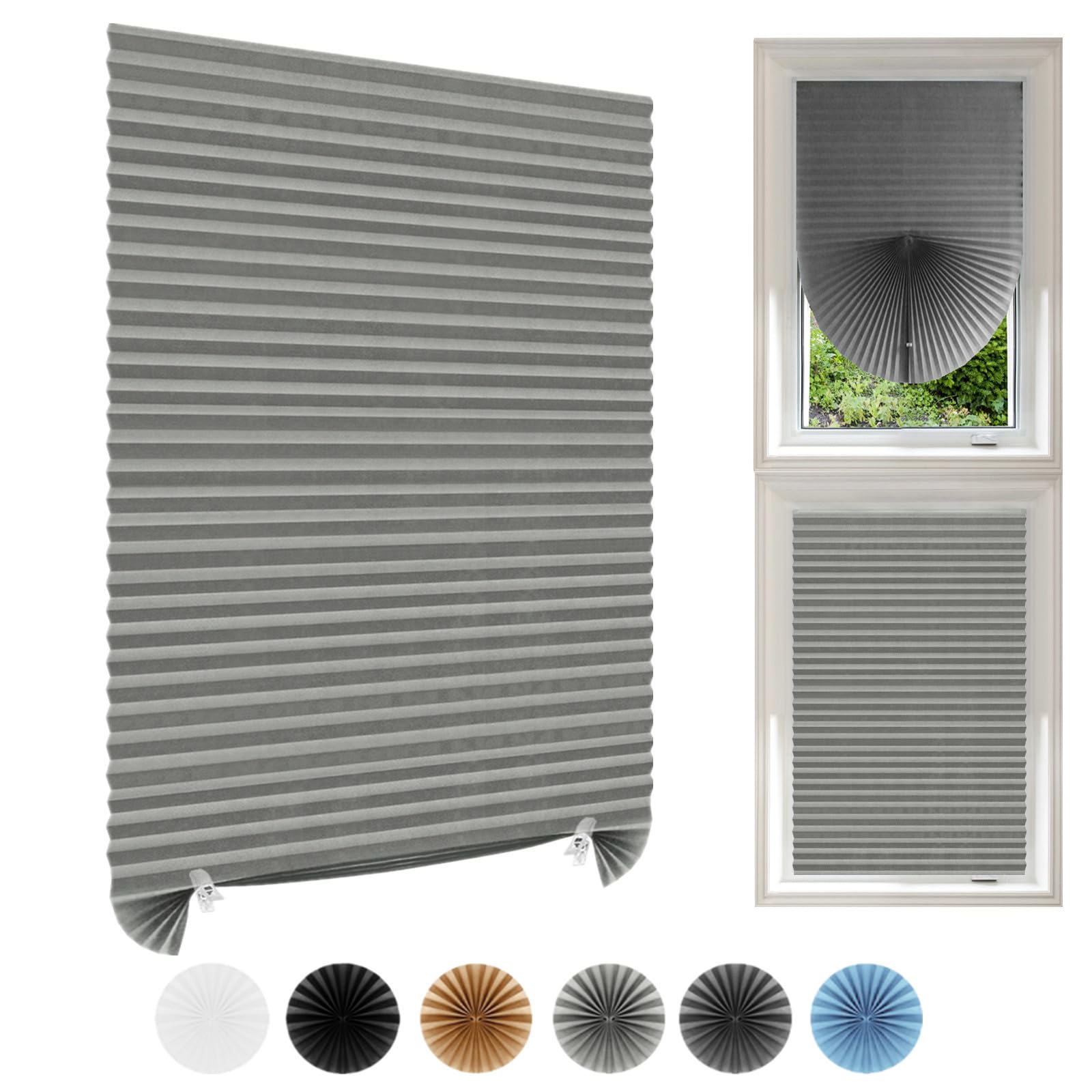 Temporary Blinds Stick On Cut to Size Non-woven Fabric No Drill Self Adhesive Pleated Paper Window Shades for Bedroom Kitchen Bathroom Windows Patio French Doors (2, Light Grey, WxH 90x150cm)