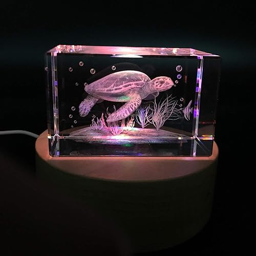 Miniatura 4 de Pisapapeles de tortuga marina 3D (grabado con láser) en cubo de cristal de cristal, regalos de cumpleañosNavidad (no incluye base LED (3.1 x 2 x 2