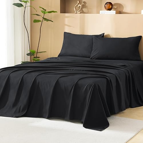 Miniatura 4 de Litanika Juego de edredón negro tamaño Queen con sábanas, 7 piezas de cama en una bolsa, juego completo de ropa de cama con edredón, sábanas, fundas