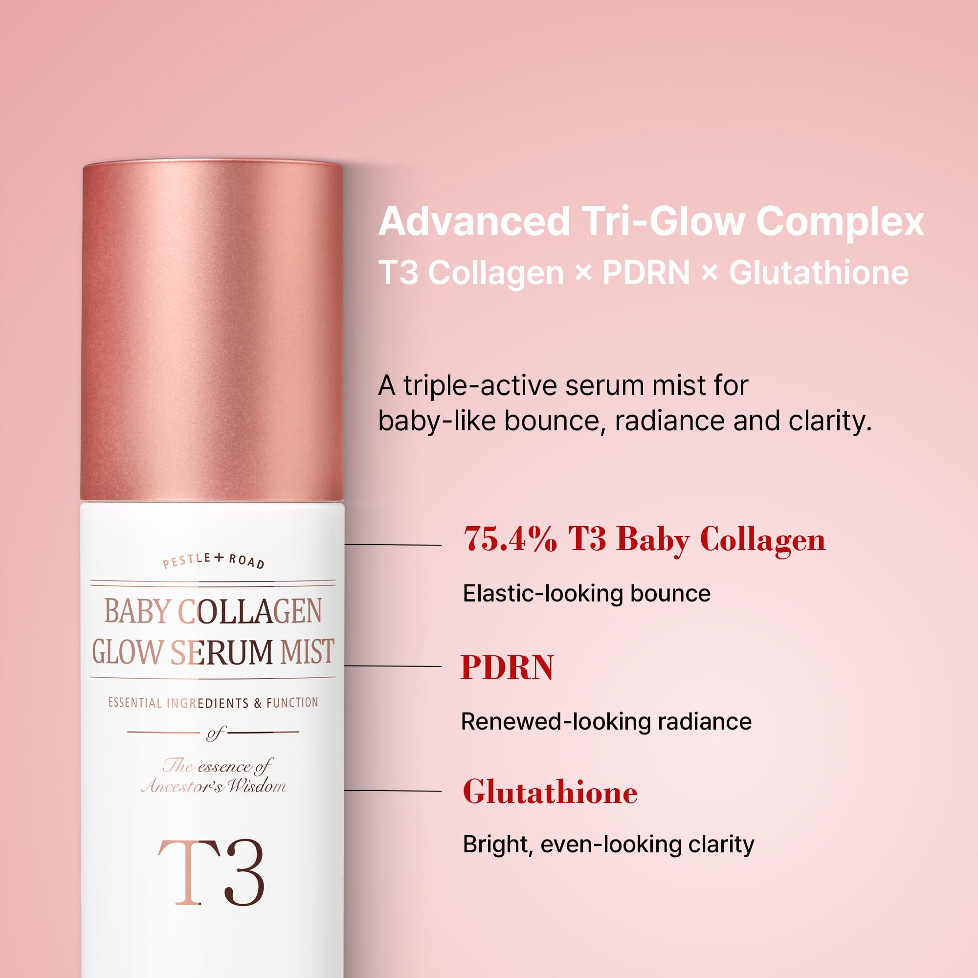 PESTLO T3 Baby Collagen Glow Serum Mist per tutti i tipi di pelle con collagene vegano e ingredienti che migliorano l'elasticità e la lucentezza, 50 ml (1,69 Fl Oz)