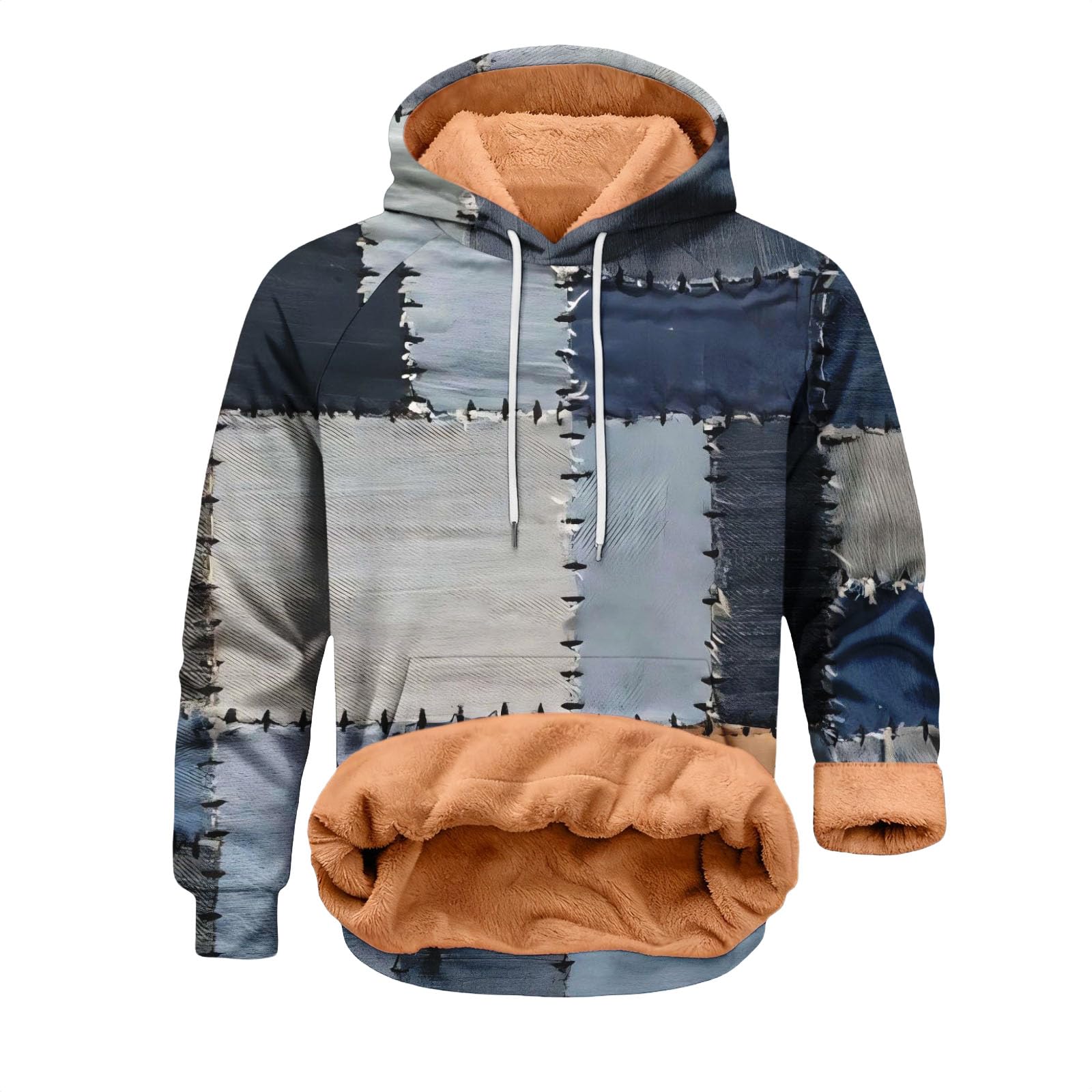 Bluza dla mężczyzn UK - wzorzyste bluzy z kapturem polarowe puszyste z podszewką sherpa, stójka z naszywką na łokcie, na co dzień, sweter jesienno-zimowy, sportowy sweter w stylu vintage