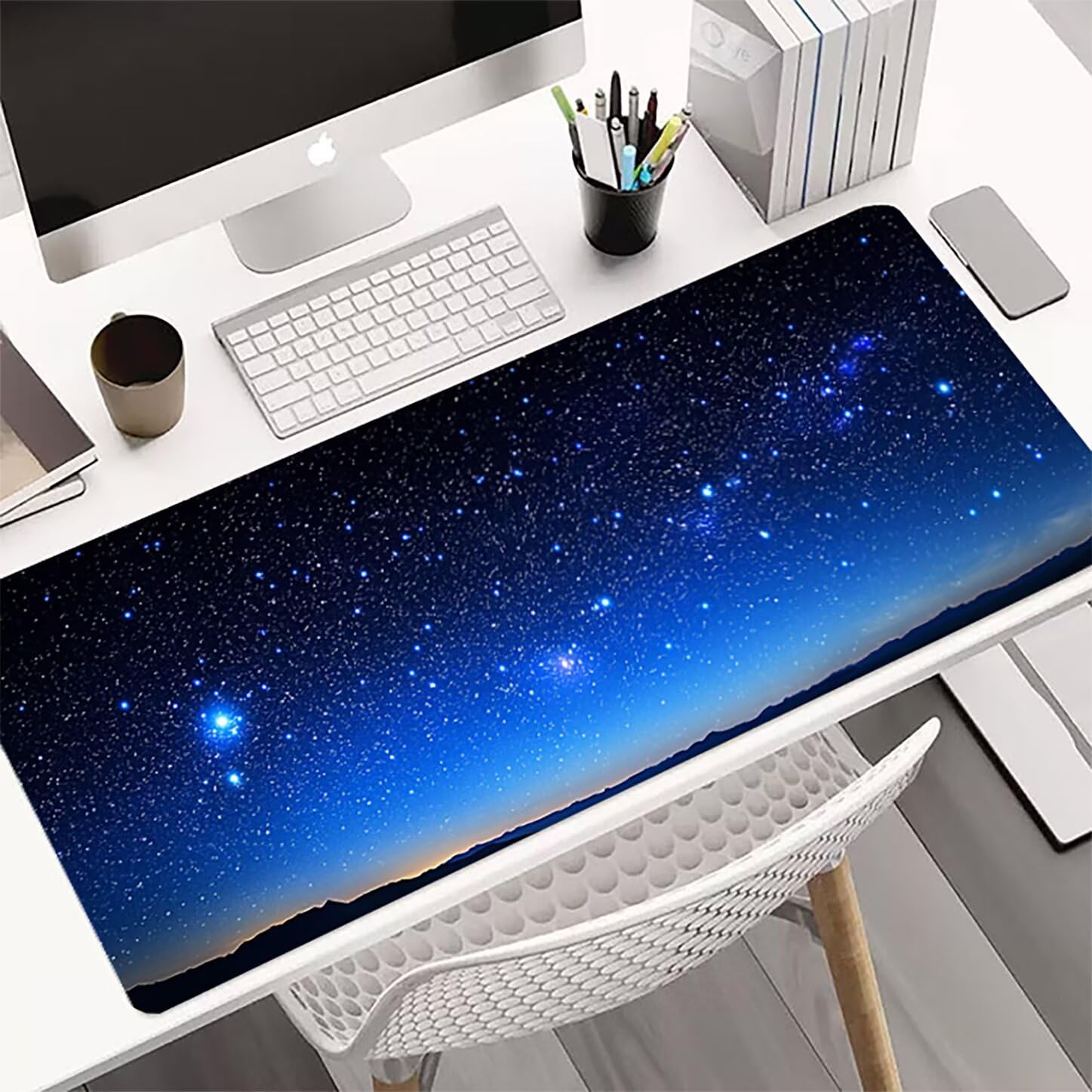 Lpfieonn Sternenhimmel Großes Schreibtischunterlage, XXL Schreibtischunterlagen, Blau XXL Wasserdicht Gaming Mousepad mit Vernähter Rand und Rutschfeste Gummibasis, für Hause/Büro 120x60cm PF-3859
