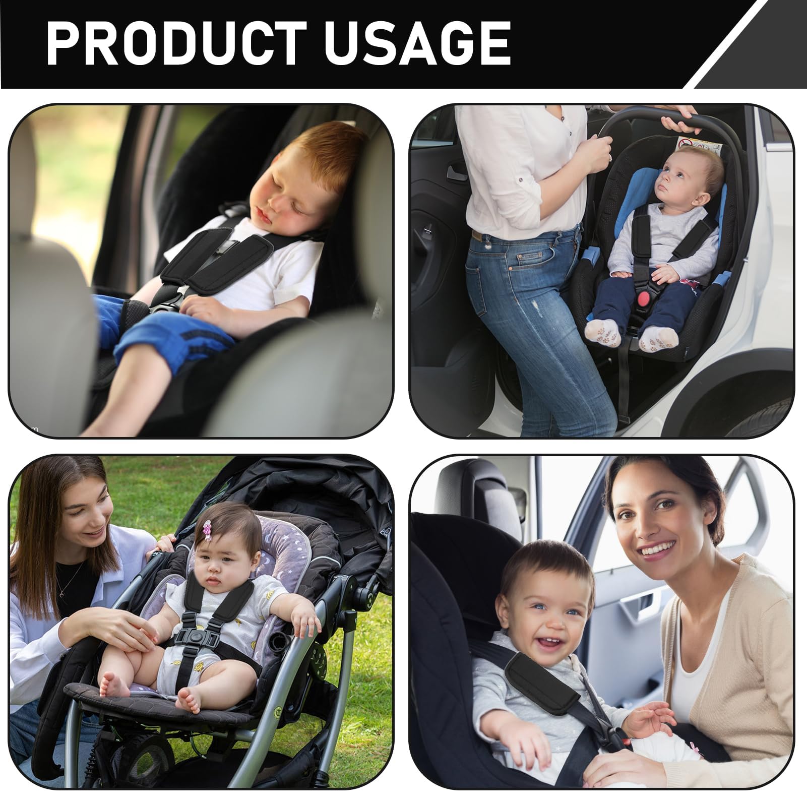 2 Pezzi Cintura Di Sicurezza Per Bambini Per Passeggino Auto Bambini Neonato Universale, Adatti Per Passeggino E Auto, Supporto Universale Per La Testa E Il Collo Del Neonato, 17.5 X 7 Cm - Nero