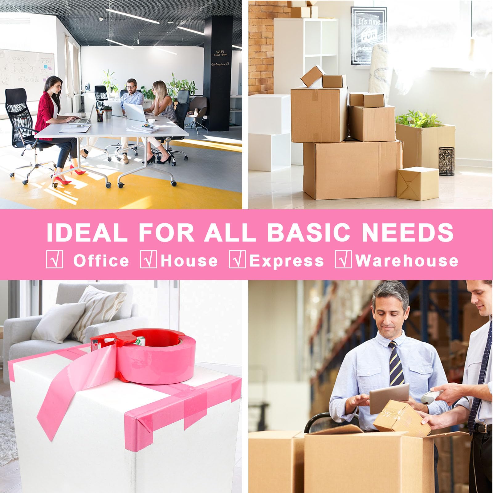 BOMEI PACK Nastro da imballaggio rosa con dispenser, 2,4 mm, 4 cm x 100 m, 6 rotoli di ricarica nastro per imballaggio, scatola di colore rosa, per traslochi, spedizioni, spedizioni e stoccaggio