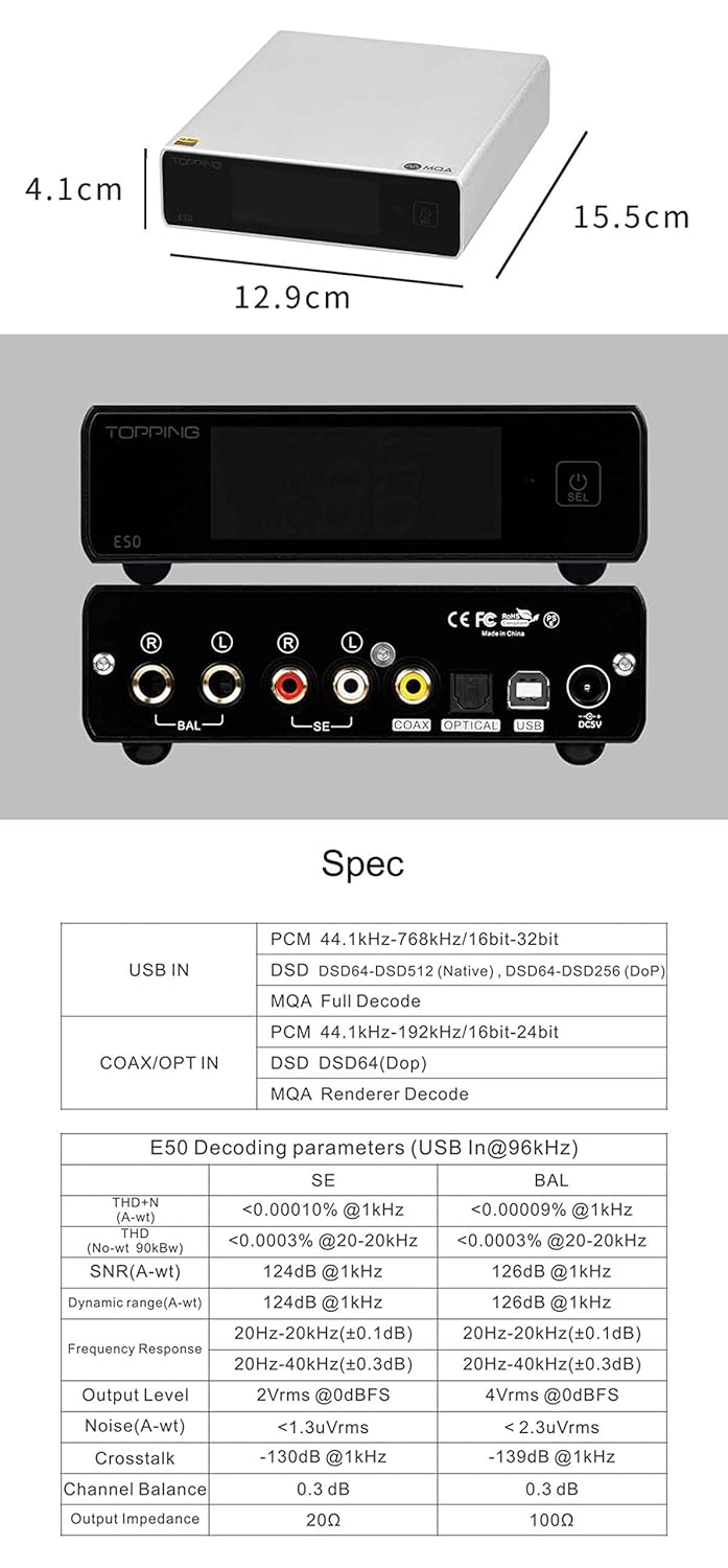 Topping E50 Mini HiFi DAC ES9068AS DSD512 PCM768kHz USB DAC USB/Coax/Opt Inputs RCA/TRS Outputs Decoder for Home Theater Game Music Sliver