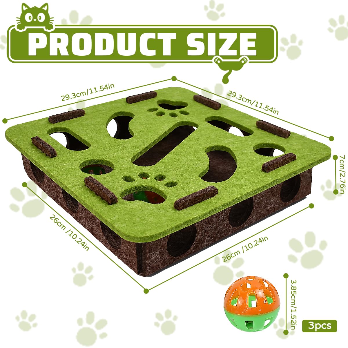 Labyrinthe Jouet en Feutre pour Chat Vert/Marron - 30 x 30 x 7 cm avec 3 Boules Cloches Boîte à gratter Puzzle interactif en Feutre Fenêtre Interactive pour Chats et Chatons