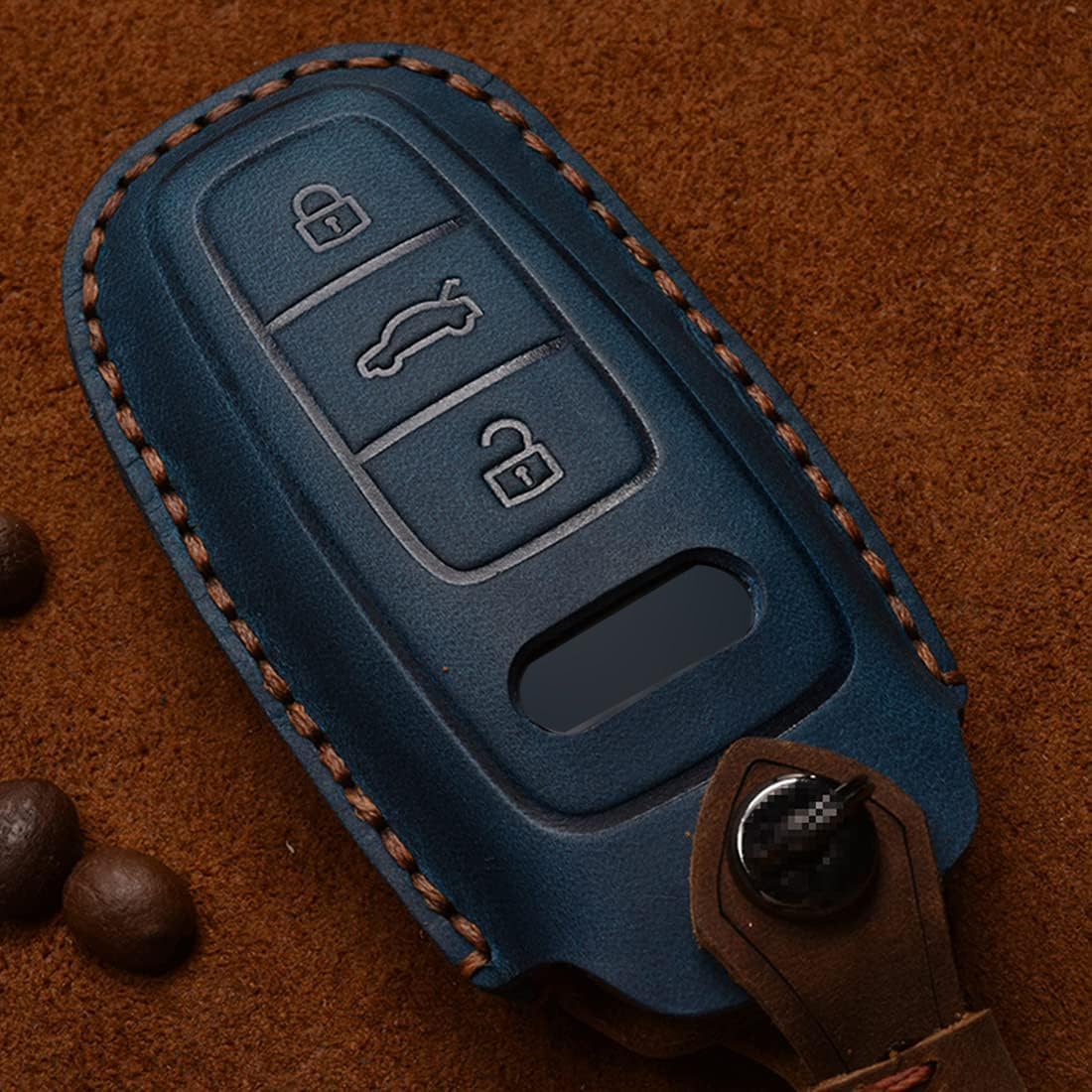 Genuine Leather Key Fob Case Key Cover Shell Key Protector Compatible for Audi A6L A6 A7 A8 Q7 Q8 E-Tron 2018-2022 A3 S3 S6 SQ7 RS6 S7 RS7(Blue)