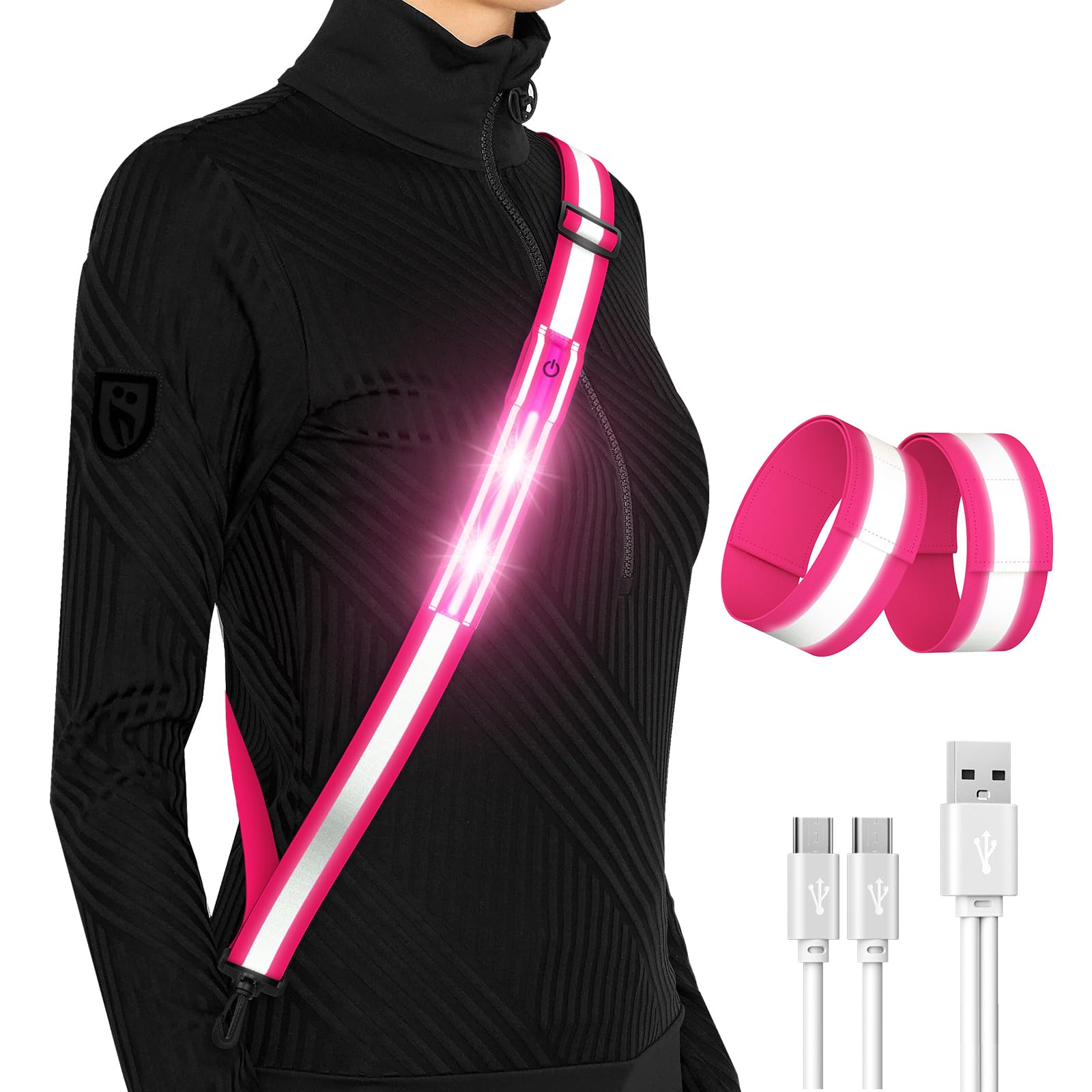 Ceinture Réfléchissante LED Rechargeable - Haute Visibilité Pour Course, Marche, Vélo De Nuit - Taille Réglable (48-63 Pouces)