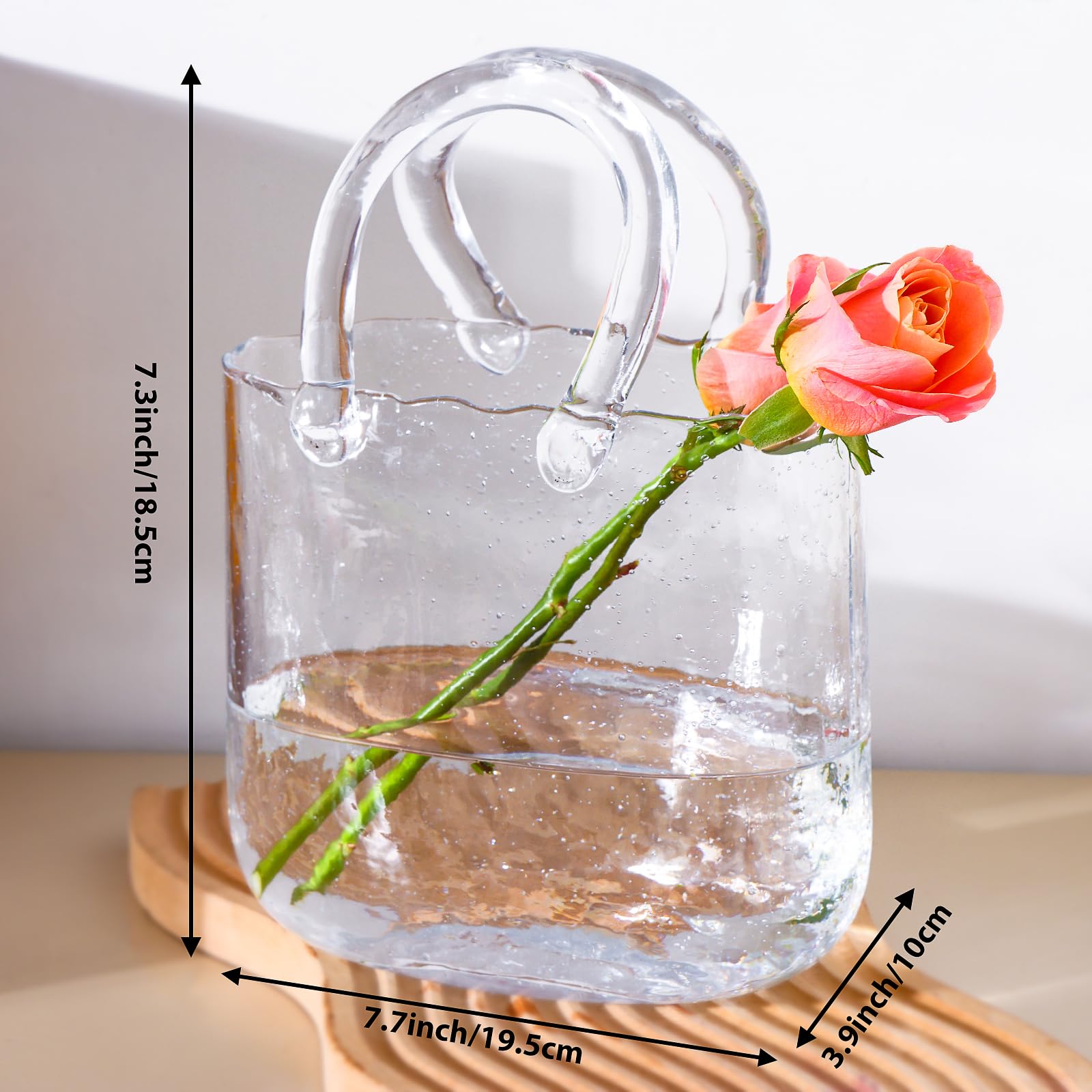 Fixwal Glass Bag Vase for Flowers, Clear Purse Vase with Handle and Bubbles, 7.7"x7.3" Handbag Shape Flower Vase Unique Decorative Vases for Centerpieces Wedding Table Decorations