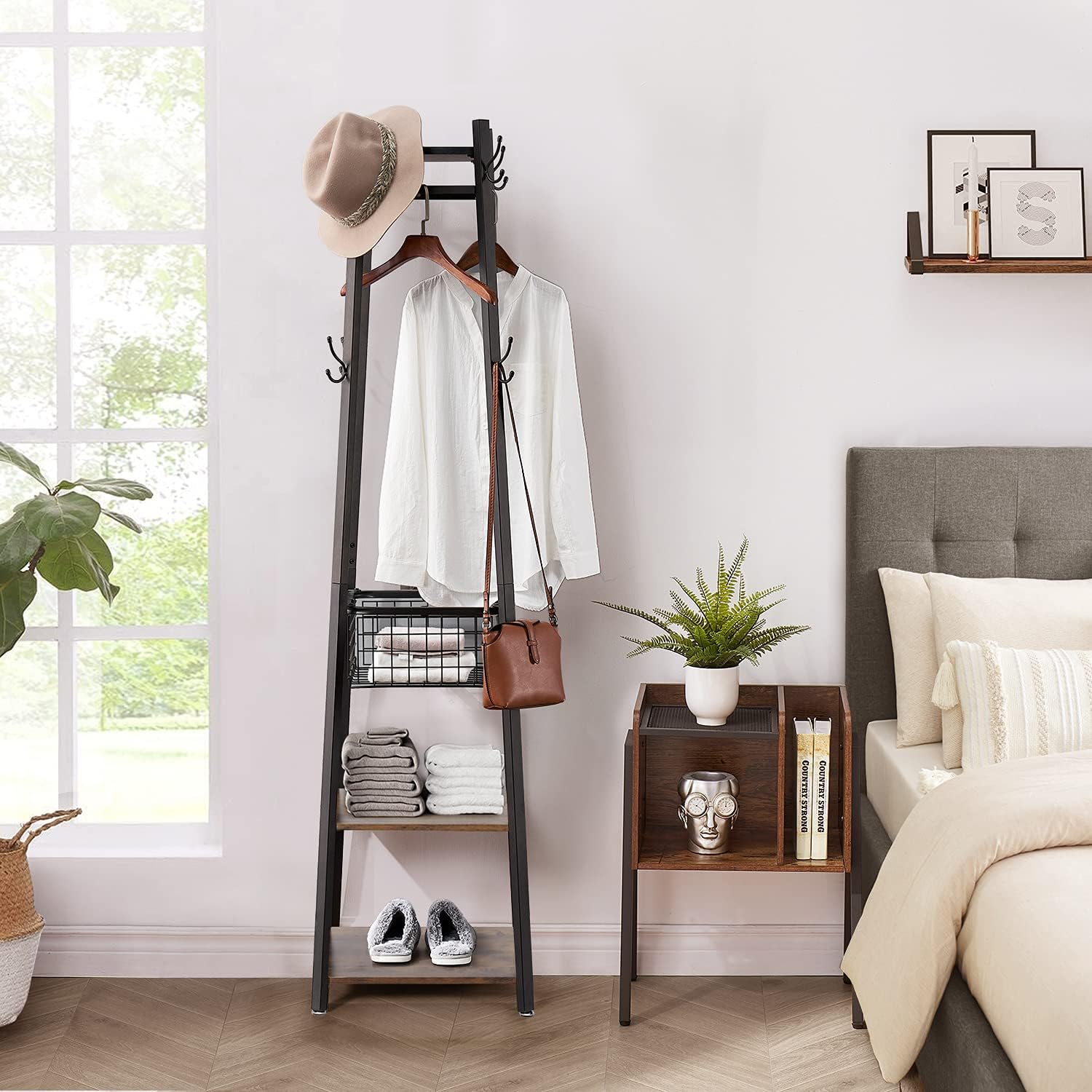 VECELO Industrial Coat Rack,Enterway Clothes Stand with 2 Tier Storage Shelves and Metal Basket,Upgrade Hall Trees with 8 Dual Hooks,Antique Brown : Home & Kitchen