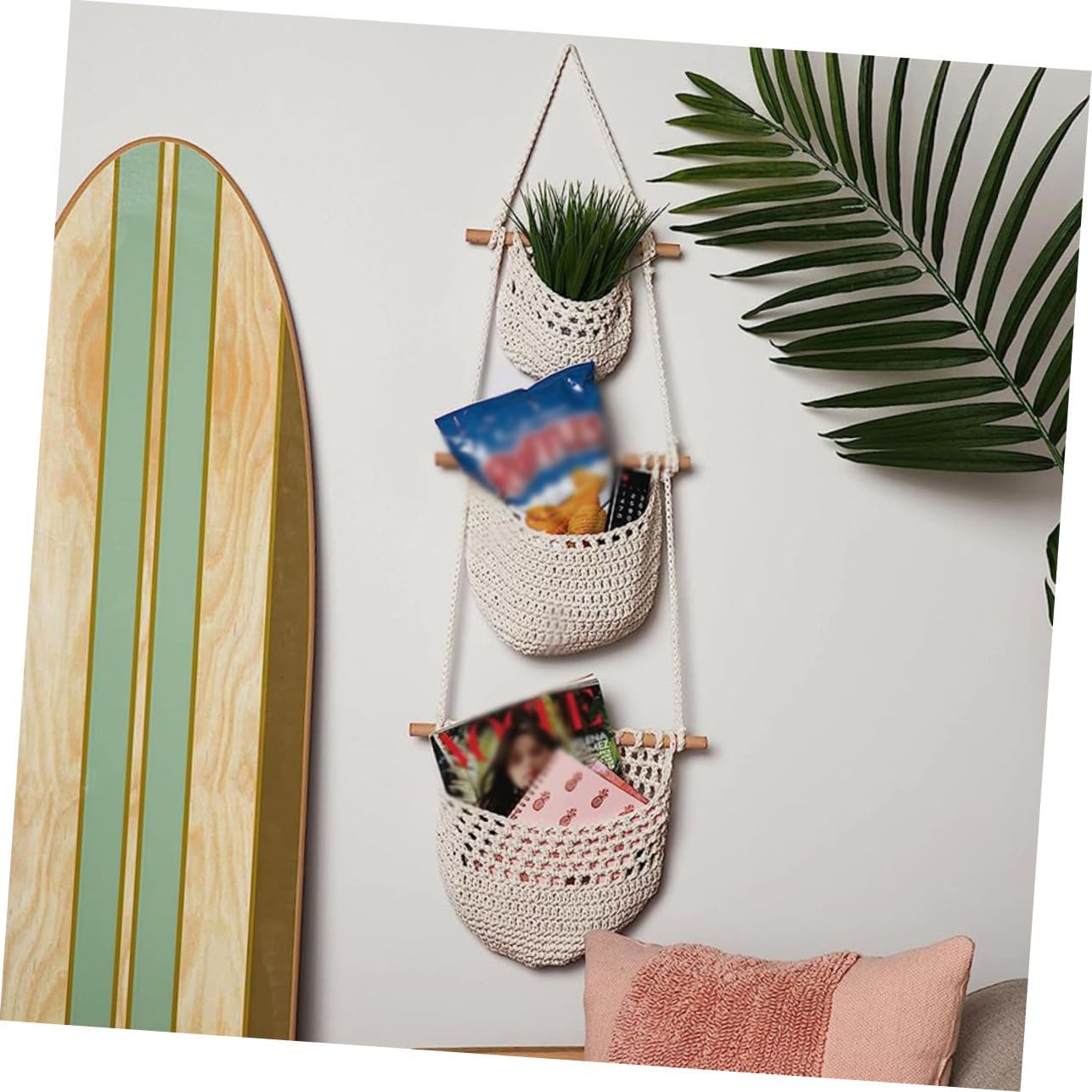 2Pcs Hanging Woven Basket for Fruits Vegetables Multi Functional Rope Storage Organizer for Kitchen Living Room Ventilated Design